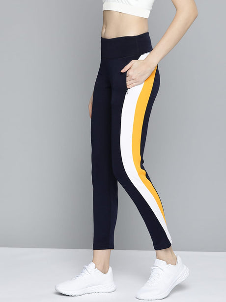 Alcis Women Navy Blue Mustard Yellow Colourblocked 7/8 Tights | Alcis
