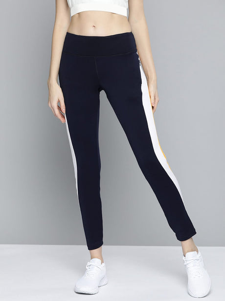 Alcis Women Navy Blue Mustard Yellow Colourblocked 7/8 Tights | Alcis