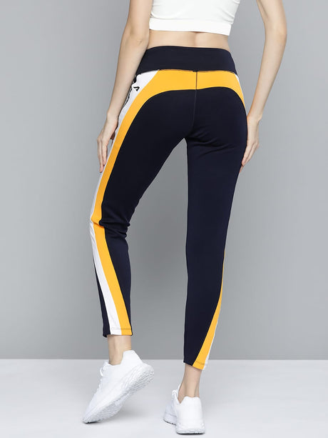 Alcis Women Navy Blue Mustard Yellow Colourblocked 7/8 Tights | Alcis