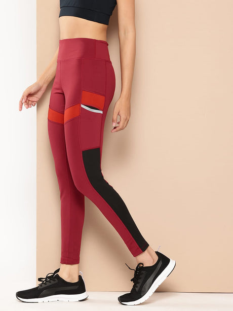 Alcis Women Maroon and Orange Colourblocked Tights