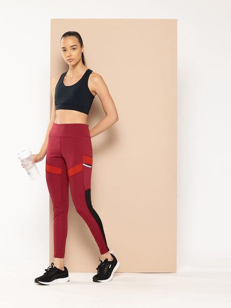 Alcis Women Maroon and Orange Colourblocked Tights