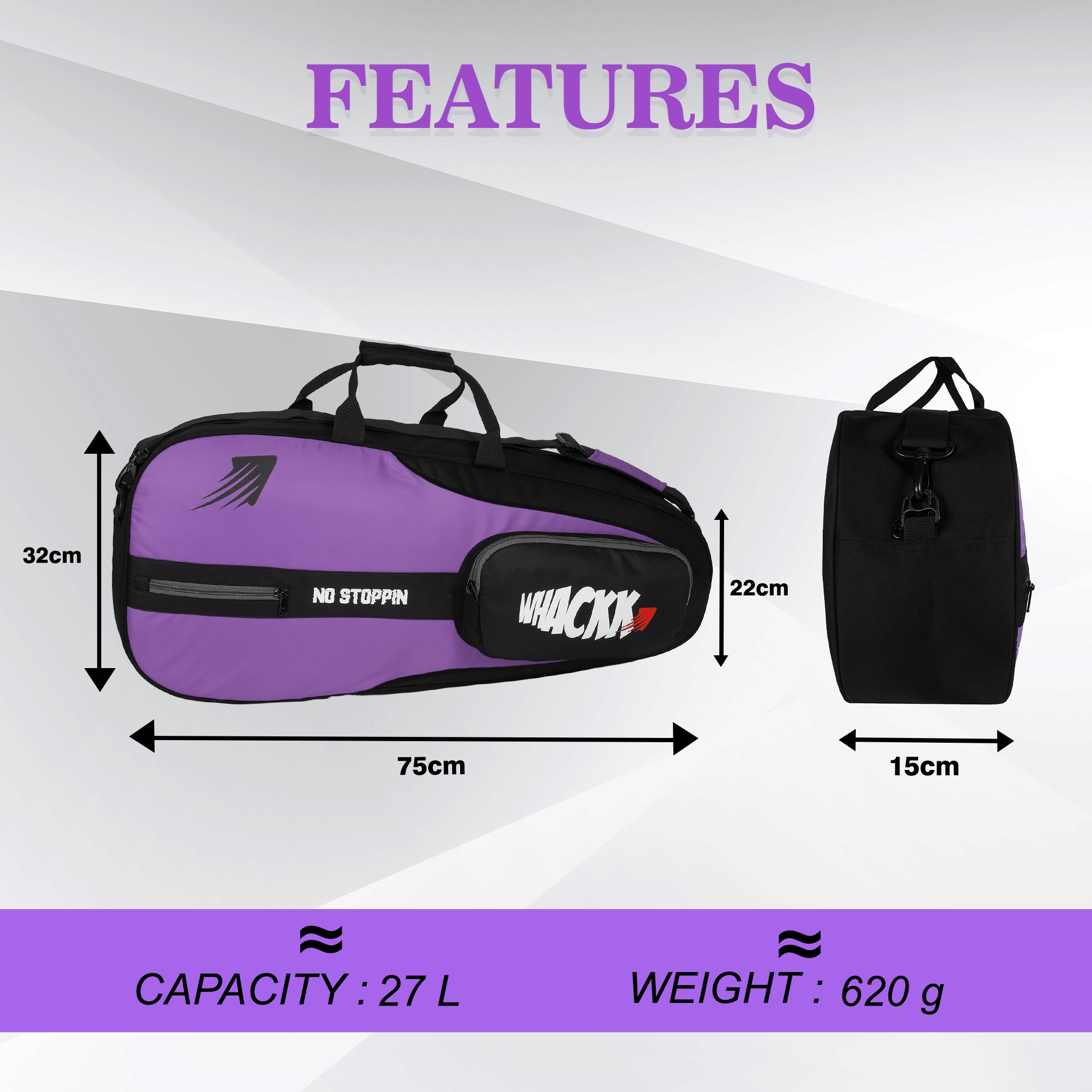 Drive 27L Lavender| Unisex Lightwieght Tennis Badminton Squash Equipment Cover Kit Bag Shoe Pocket | Air Ventilated Pocket for Wet Clothes | 4T 6B Racket | Backpack & Duffel