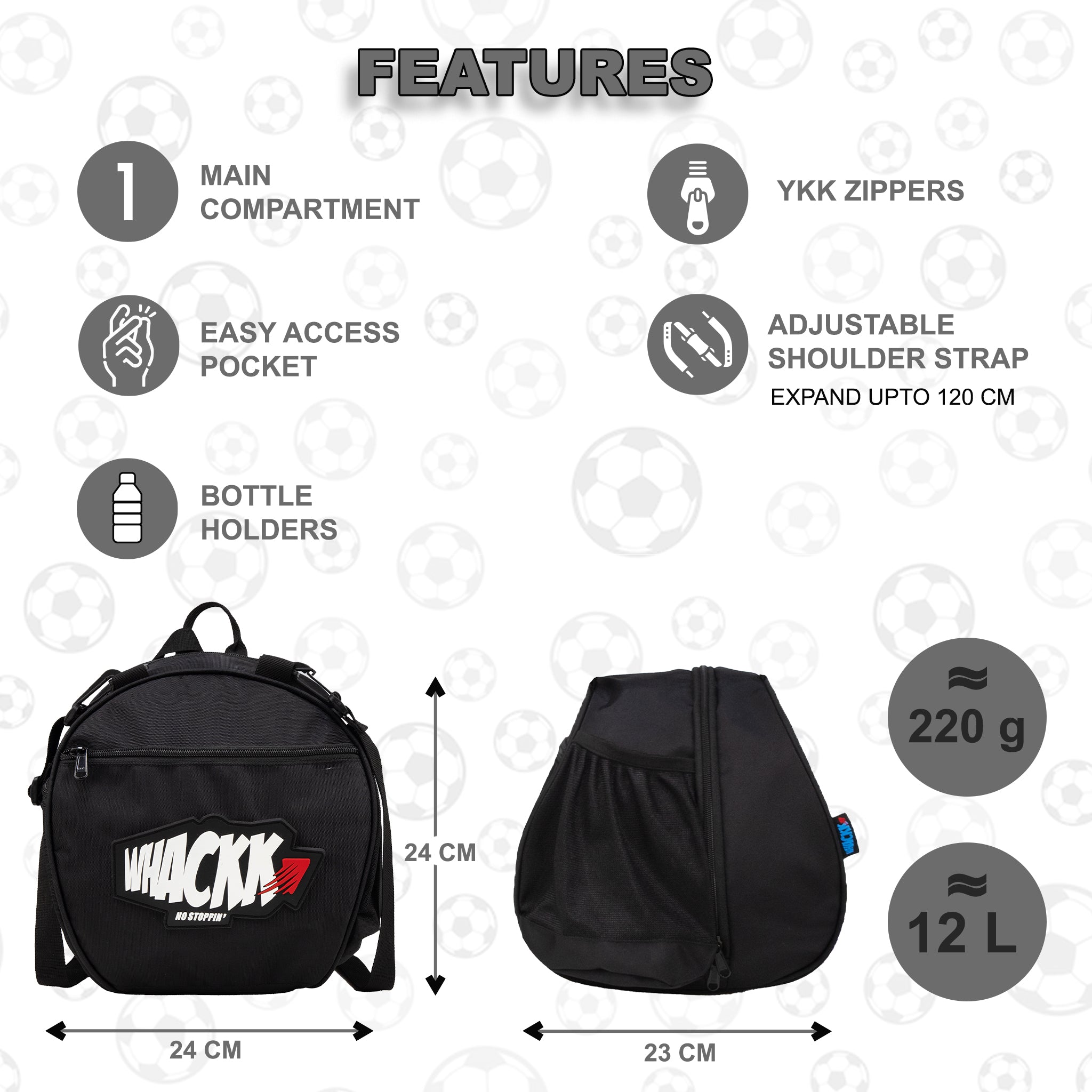 Attack Black Soccer 12L Football Equipment Bags| Basketball Volleyball Bags |Adjustable Strap Backpack |Easy Access Pocket Mesh Bottle Holders | Ball Bag |Kitbag |Bag