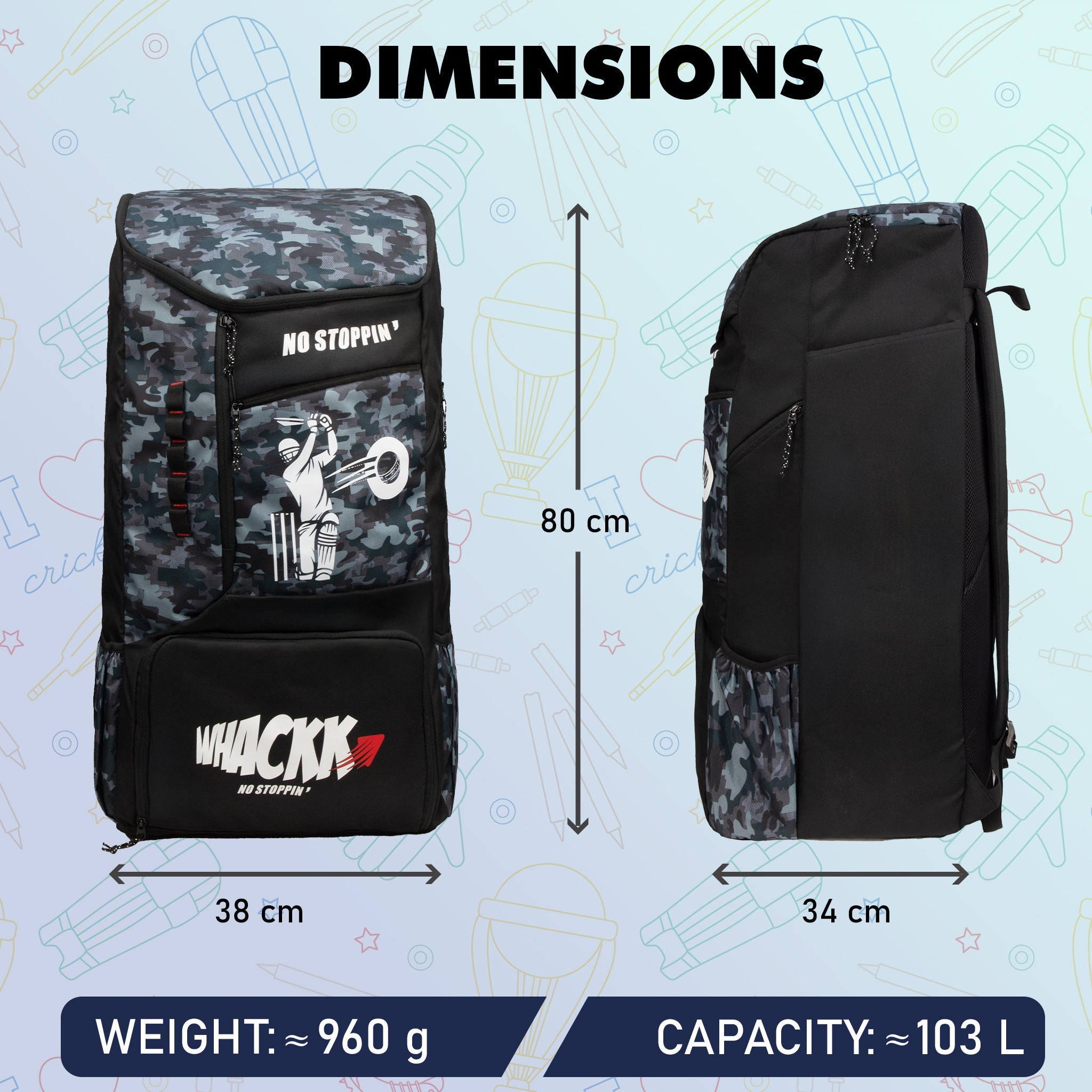 Kallis Grey Black 103L Unisex Cricket Kit Bag Backpack | Adult Size | 2 Bat | Shoe/Helmet Pocket | Main Compartment 18" Leg Pad |2 Bottle Holder | Easy Access Pocket | Player Edition Senior