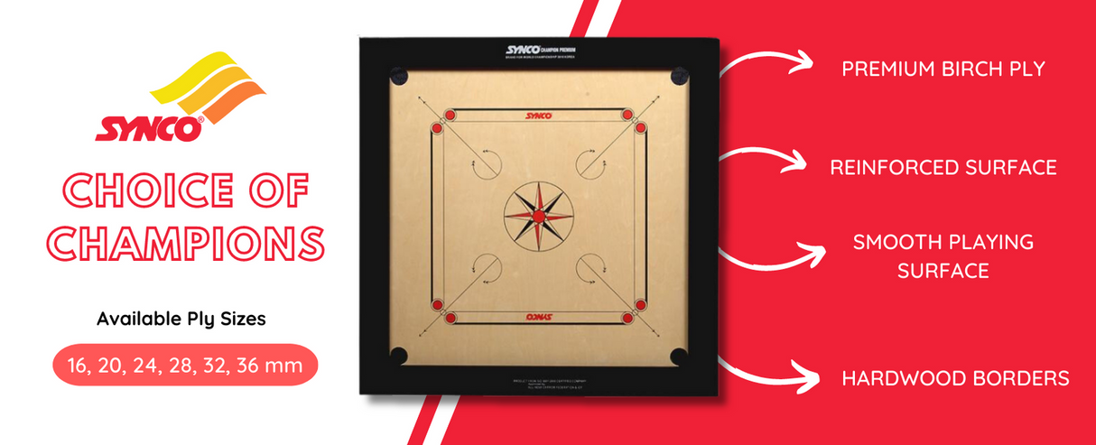 Synco Tournament Carrom Board 20mm ( Includes Synco Genius for Players Coin Set and Signature Striker ) | KIBI Sports