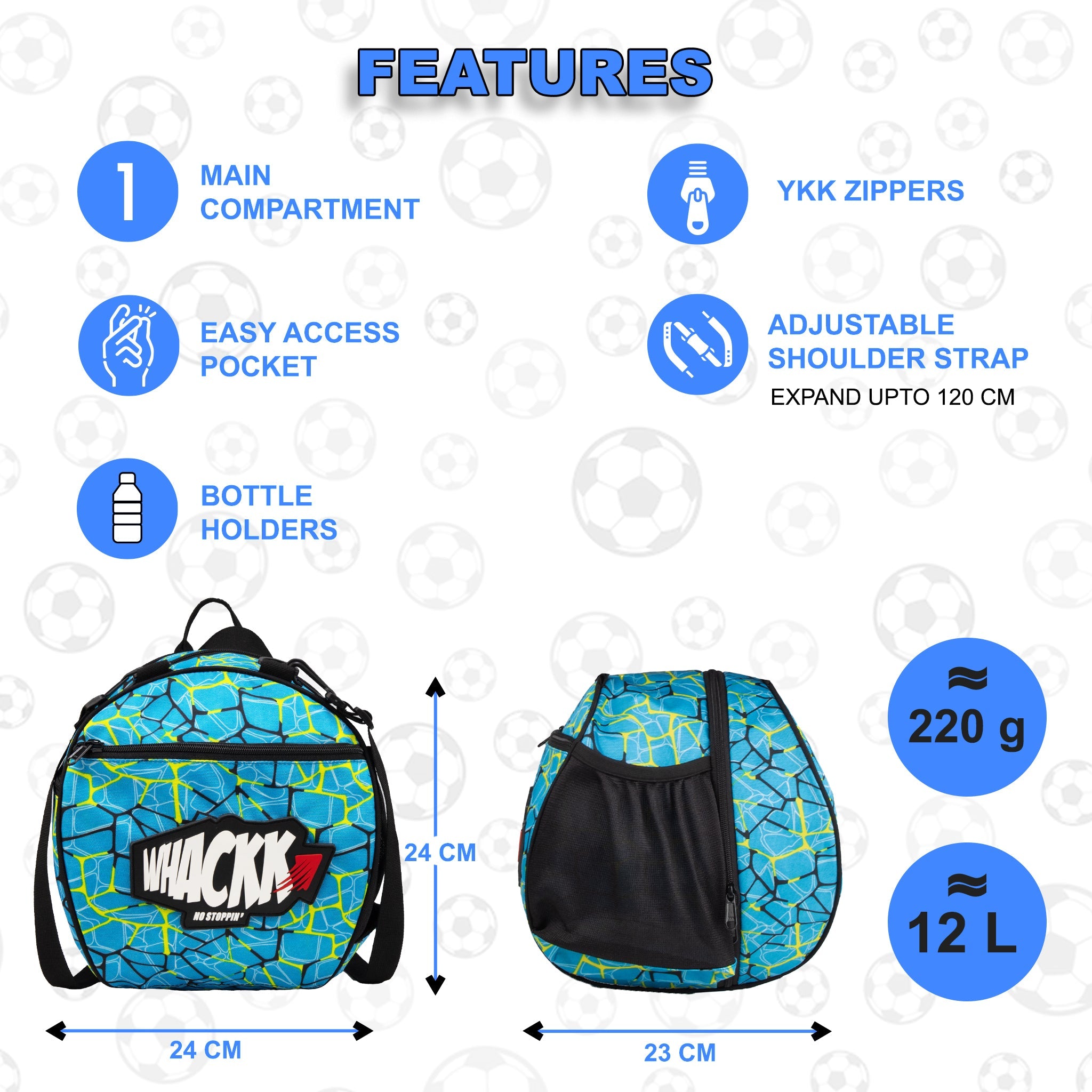 Attack R31 Soccer 12L Football Equipment Bags| Basketball Volleyball Bags |Adjustable Strap Backpack |Easy Access Pocket Mesh Bottle Holders | Ball Bag |Kitbag |Bag