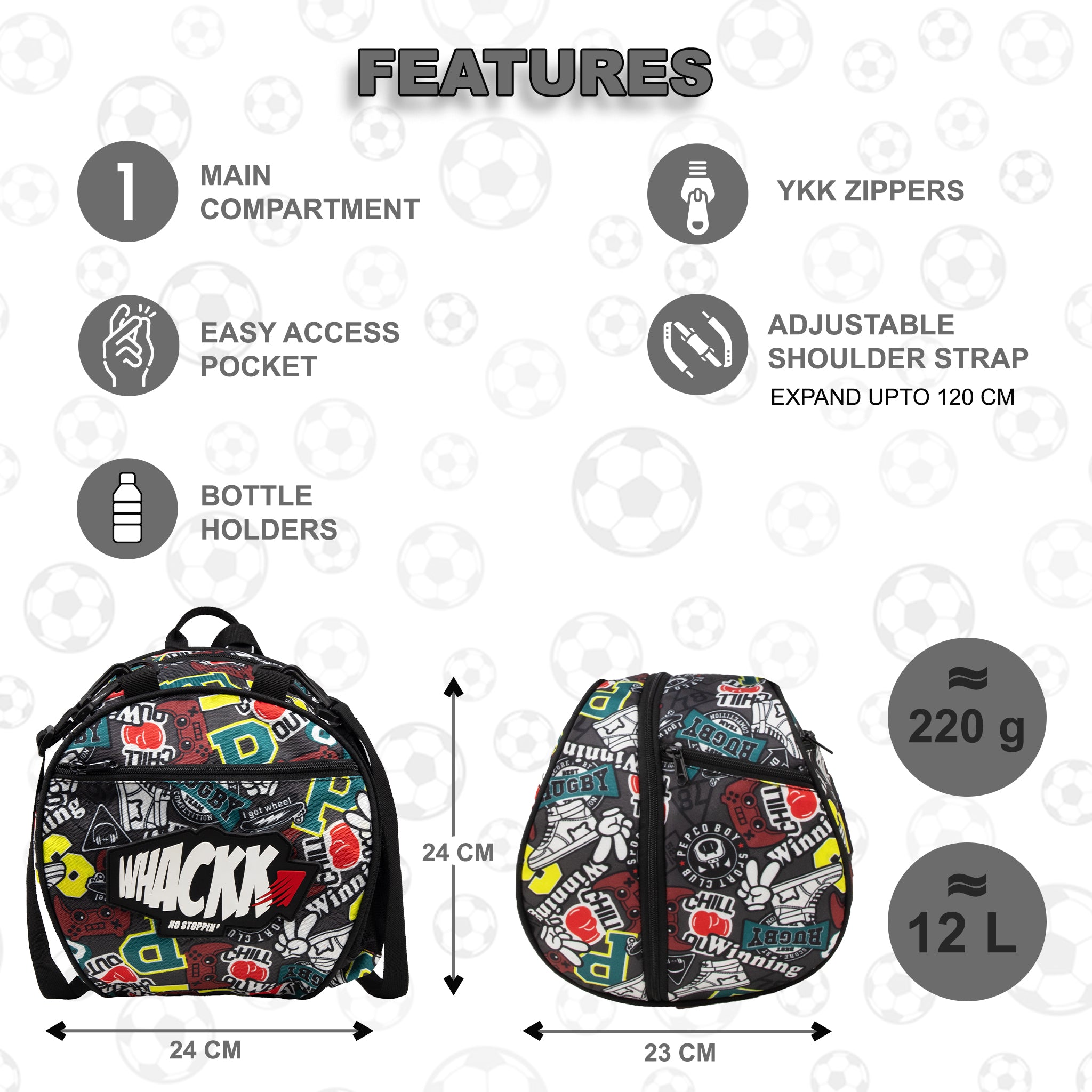 Attack Rugby Soccer 12L Football Equipment Bags| Basketball Volleyball Bags |Adjustable Strap Backpack |Easy Access Pocket Mesh Bottle Holders | Ball Bag |Kitbag |Bag