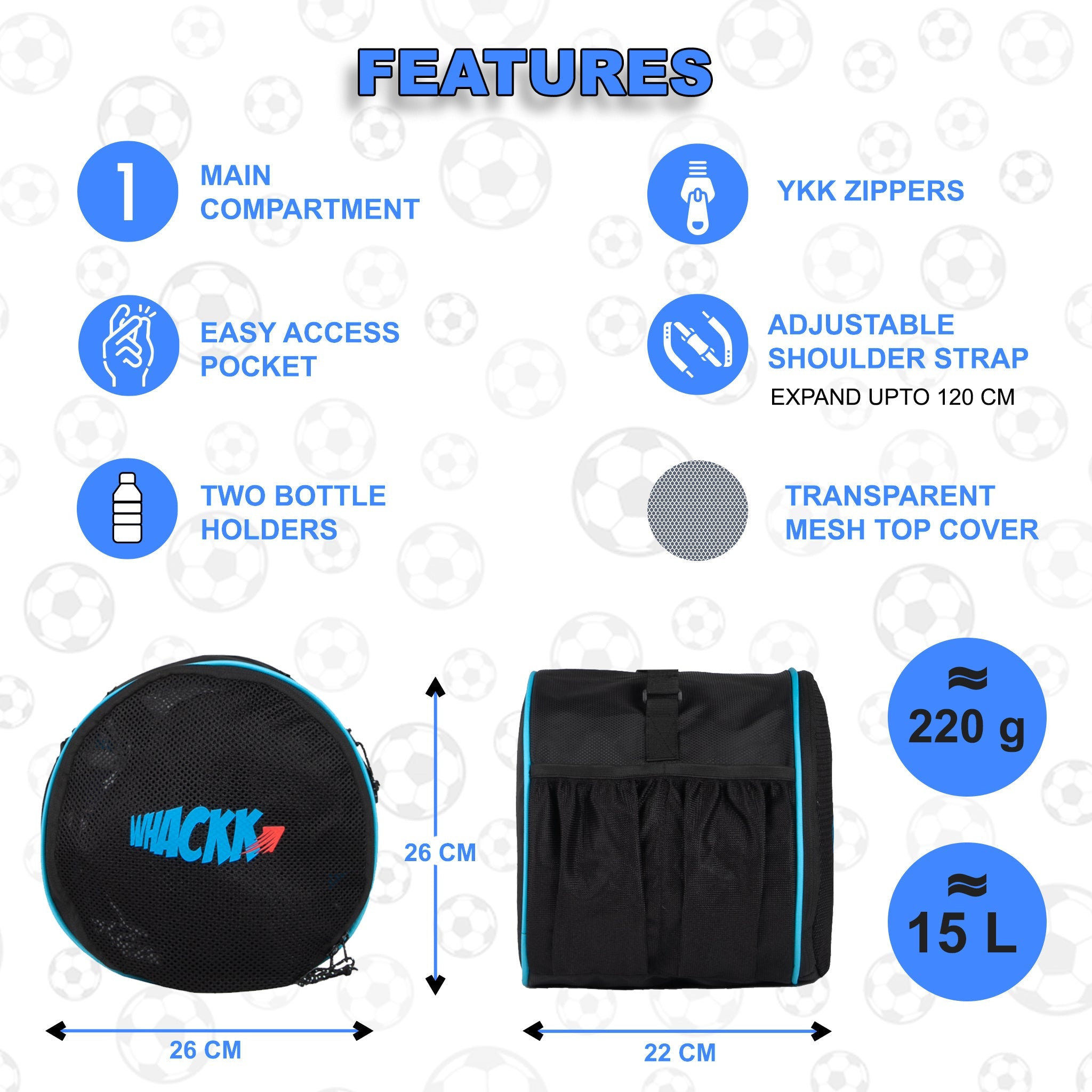 Kick Soccer Black Football Equipment Bags|Basketball Volleyball Bags |Adjustable Strap Backpack |Easy Access Pocket Mesh Bottle Holders | Ball Bag |Kitbag |Bag