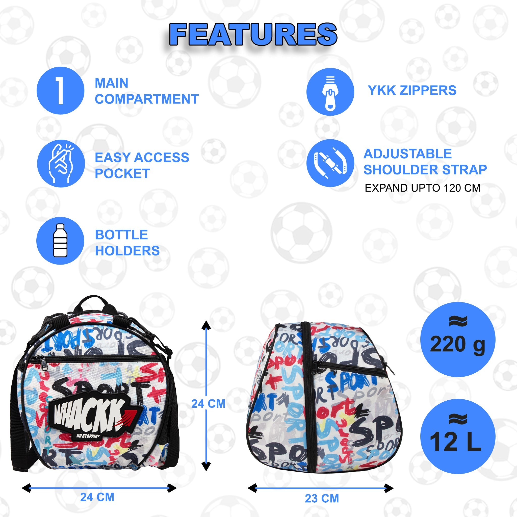 Attack Sport Soccer 12L Football Equipment Bags| Basketball Volleyball Bags |Adjustable Strap Backpack |Easy Access Pocket Mesh Bottle Holders | Ball Bag |Kitbag |Bag