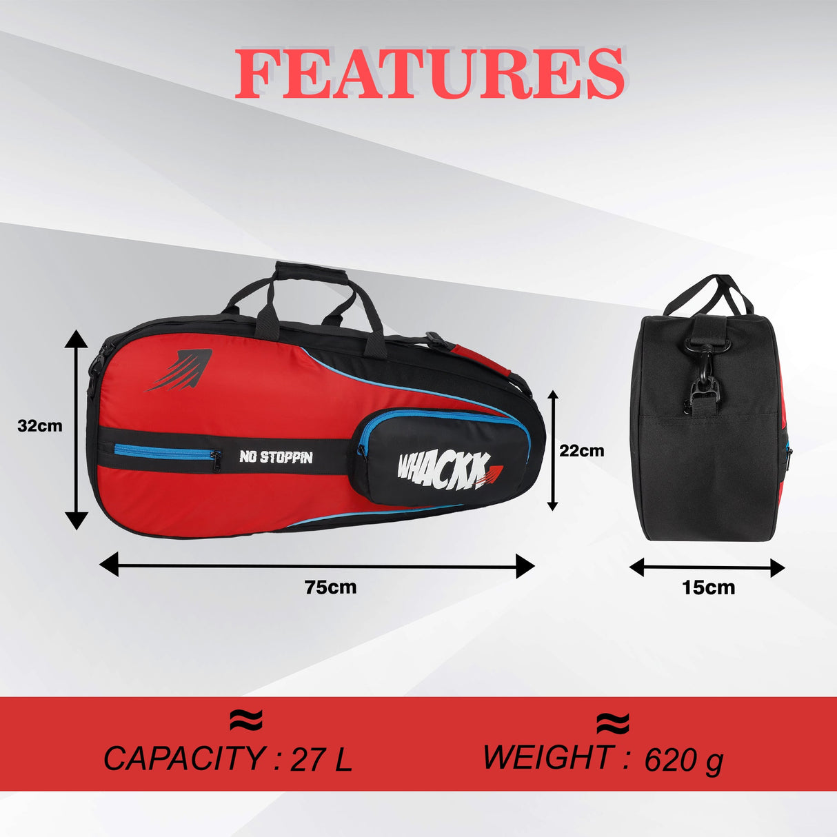 Drive Red Black | Unisex Lightwieght Tennis Badminton Squash Equipment Cover Kit Bag Shoe Pocket | Air Ventilated Pocket for Wet Clothes | 4T 6B Racket | Backpack & Duffel