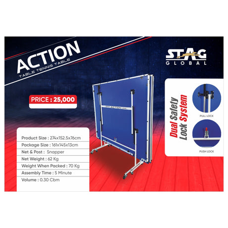 STAG GLOBAL Action Table Tennis Table Blue Top ,Thickness 16mm with 1 Table Cover, 2 TT Rackets, 6 Balls, 1 Clamp Net
