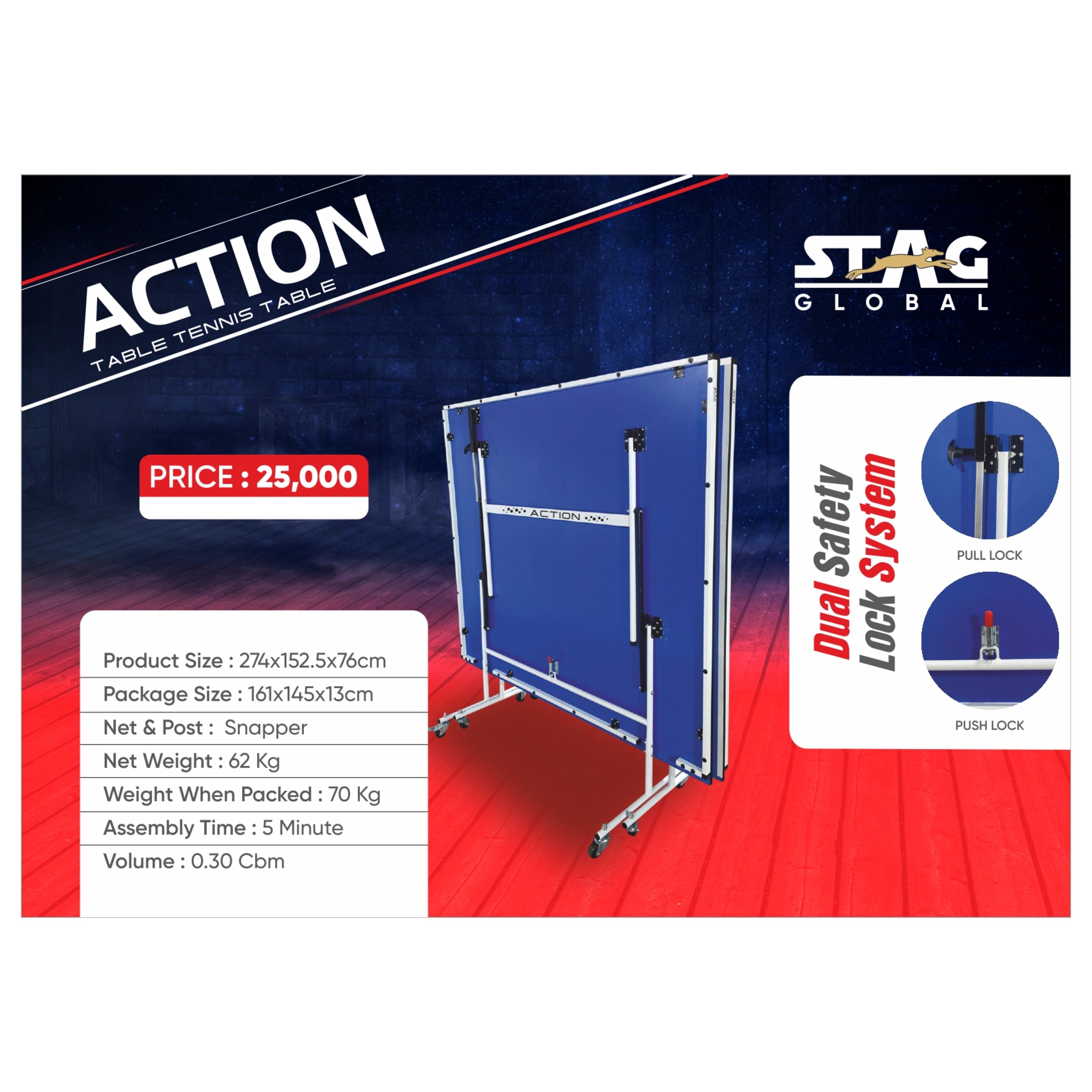 STAG GLOBAL Action Table Tennis Table Blue Top ,Thickness 16mm with 1 Table Cover, 2 TT Rackets, 6 Balls, 1 Clamp Net