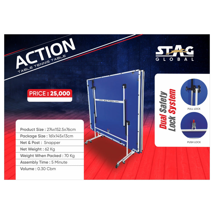 STAG GLOBAL Action Table Tennis Table Blue Top ,Thickness 16mm with 1 Table Cover, 2 TT Rackets, 6 Balls, 1 Clamp Net