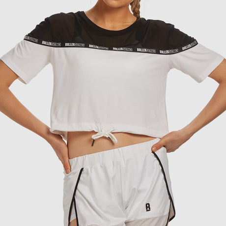 Sheer Shoulder Crop Tee - Black and White