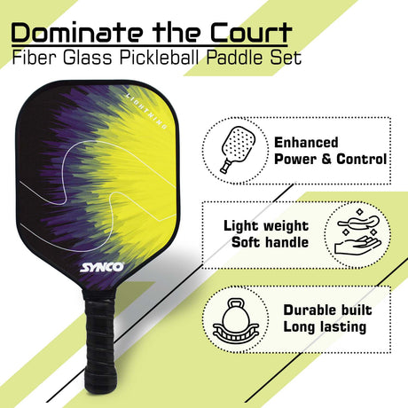 Synco Pickleball Paddle Set Lightning Yellow | 1 Pickleball Rackets and 2 Pickleballs with Carry Bag | Fiberglass Lightweight Racket with Cushion Comfort Grip
