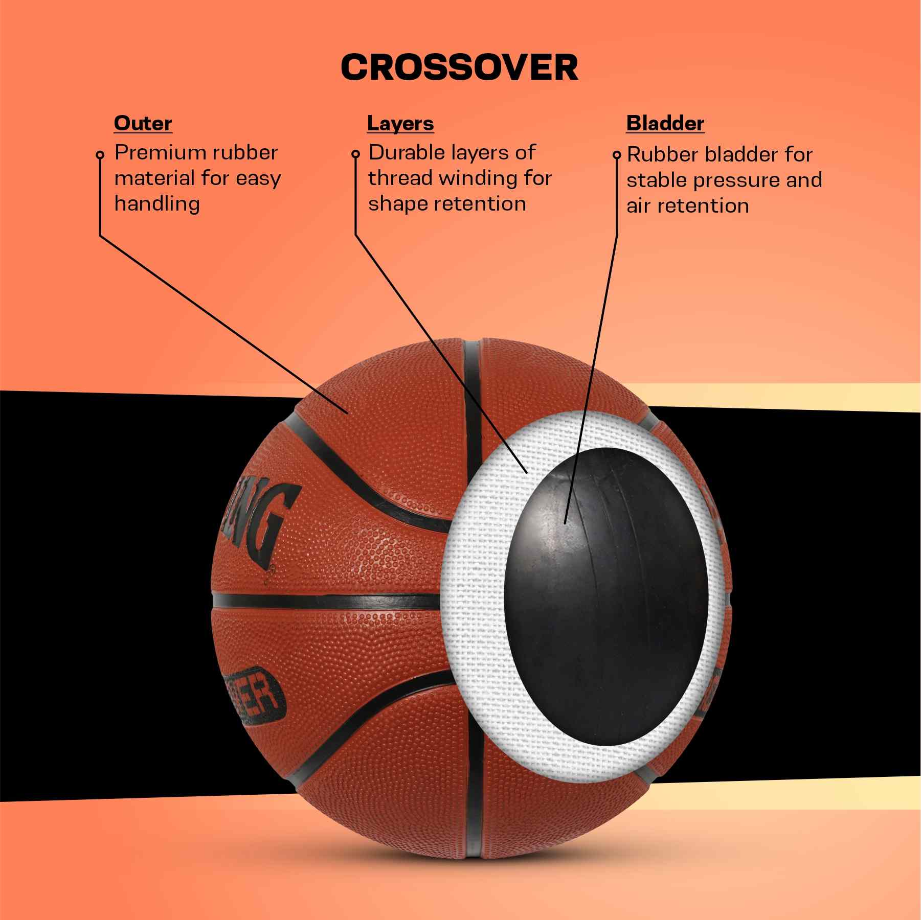 Spalding Crossover Rubber Moulded Indoor/Outdoor Basketball With Rubber Bladder, Brick, (Suitable for Practice/Match/Training) + Free Air Needle