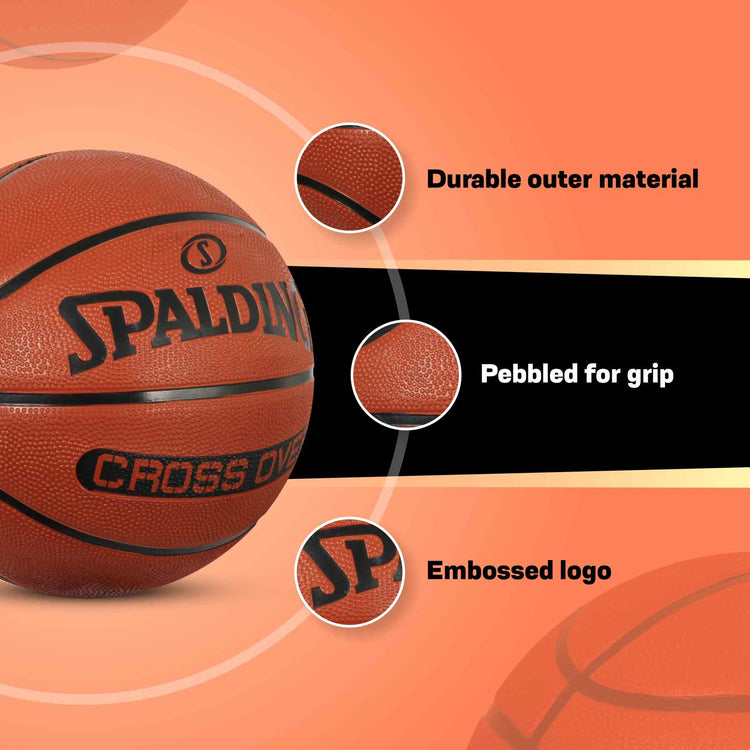 Spalding Crossover Rubber Moulded Indoor/Outdoor Basketball With Rubber Bladder, Brick, (Suitable for Practice/Match/Training) + Free Air Needle