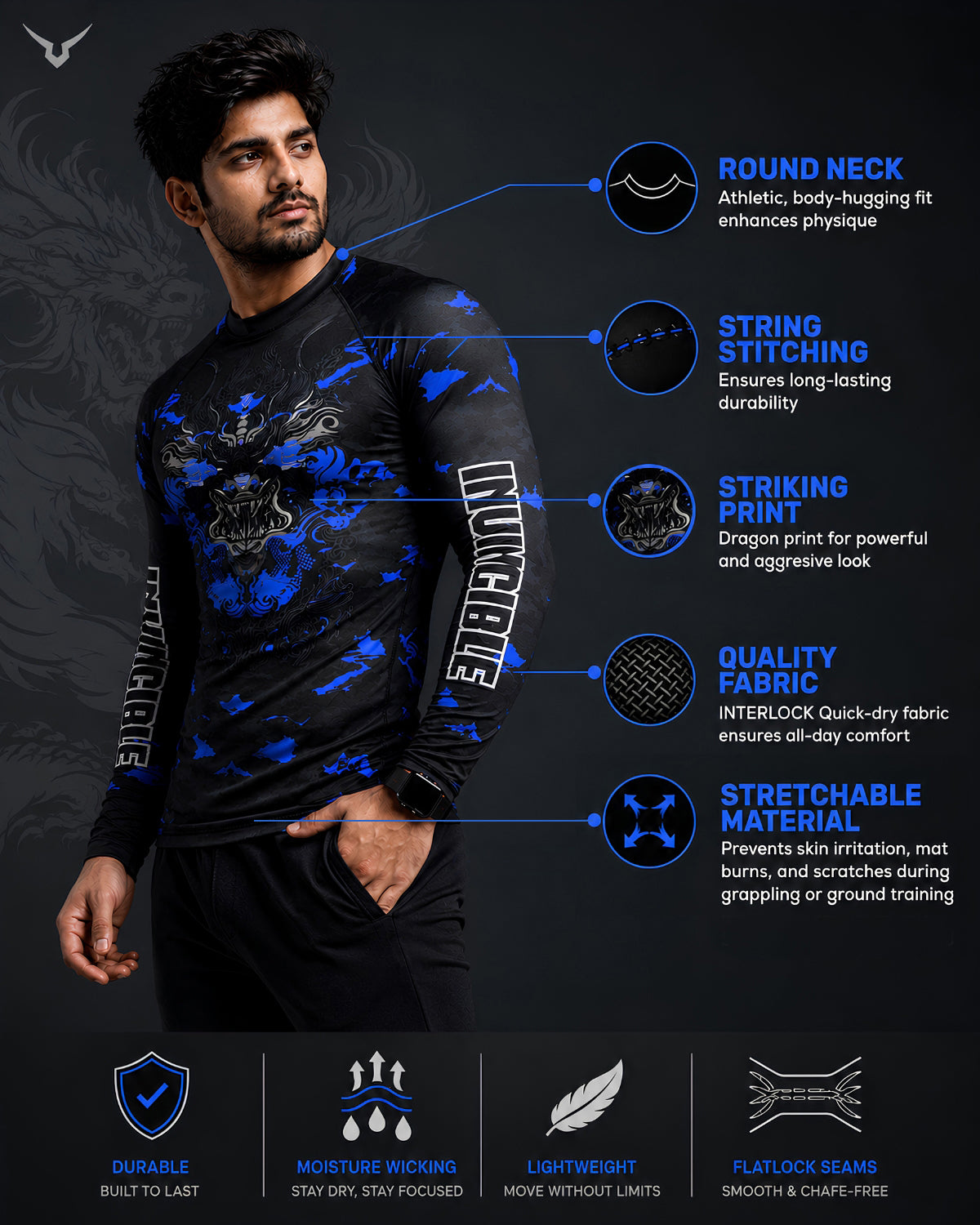 Invincible Men's Full Sleeves Dragon Rash Guard