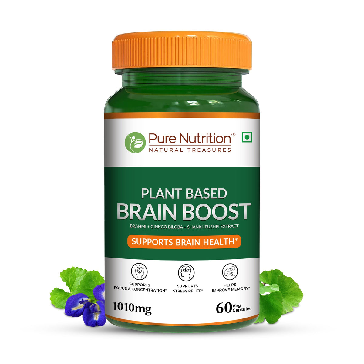 Plant-Based Brain Boost  Brahmi, Ginkgo Biloba & Shankhpushpi | Focus & Clarity - Nutrition by Pure Nutrition