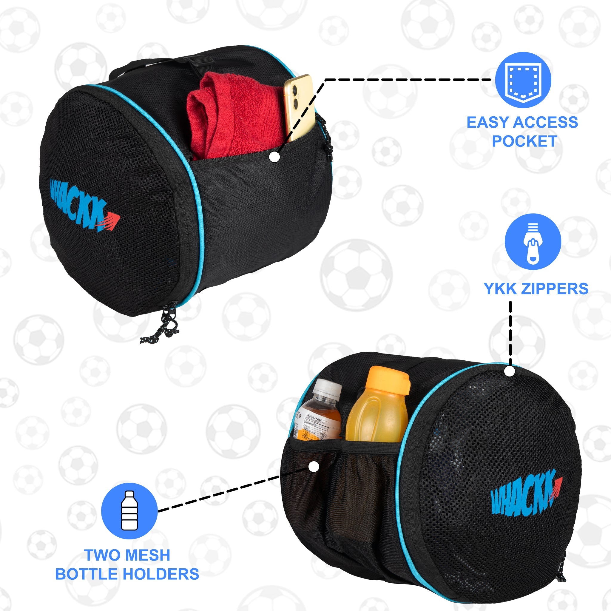 Kick Soccer Black Football Equipment Bags|Basketball Volleyball Bags |Adjustable Strap Backpack |Easy Access Pocket Mesh Bottle Holders | Ball Bag |Kitbag |Bag