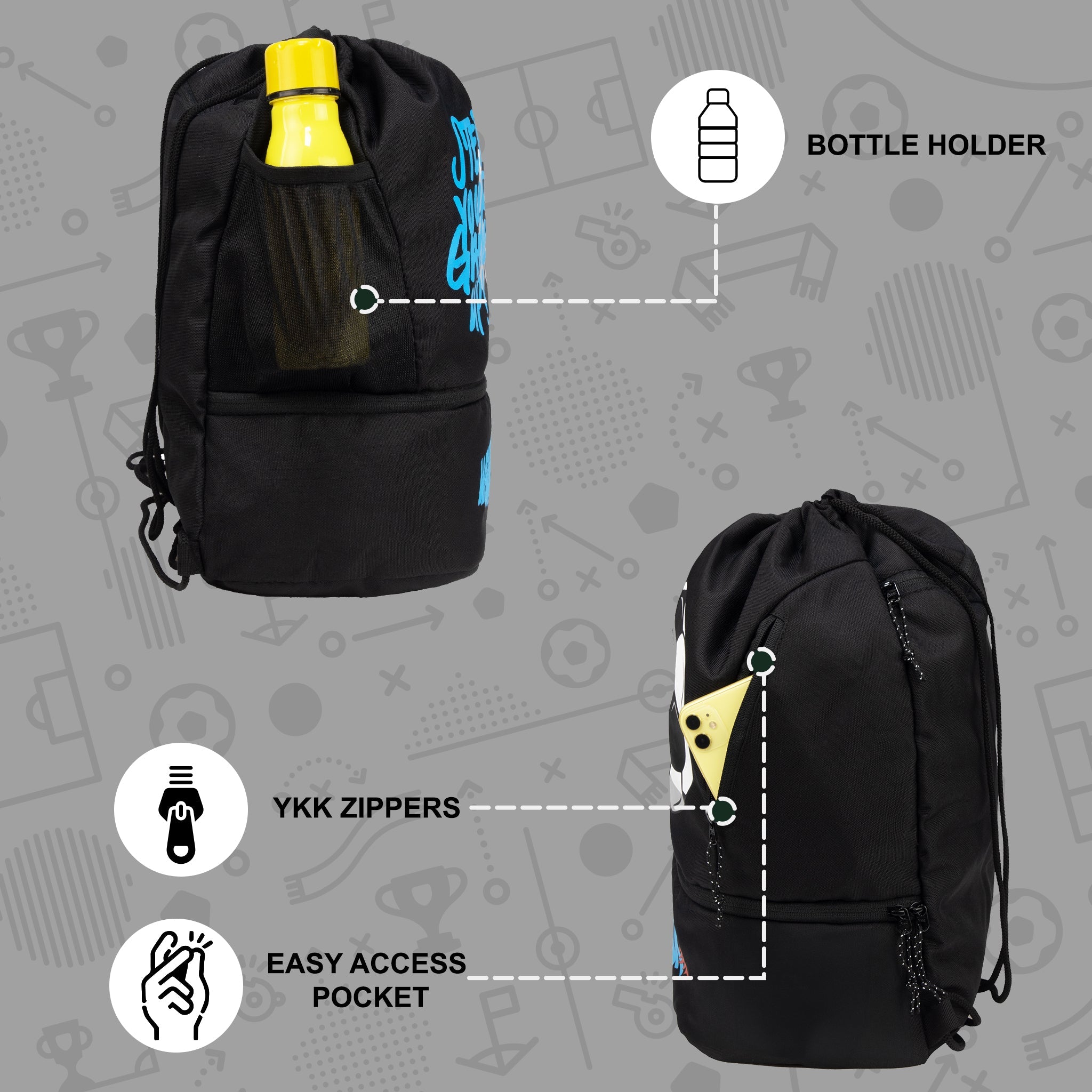 Blitz Black Soccer|Football Equipment Bags|Basketball Volleyball Throwball Drawstring Backpack Bags|Shoes Mobile Bottle Holder Pocket|Sports Men Boys Bag|Dori Backpack |Gym Bag|Kitbag Kit Bag