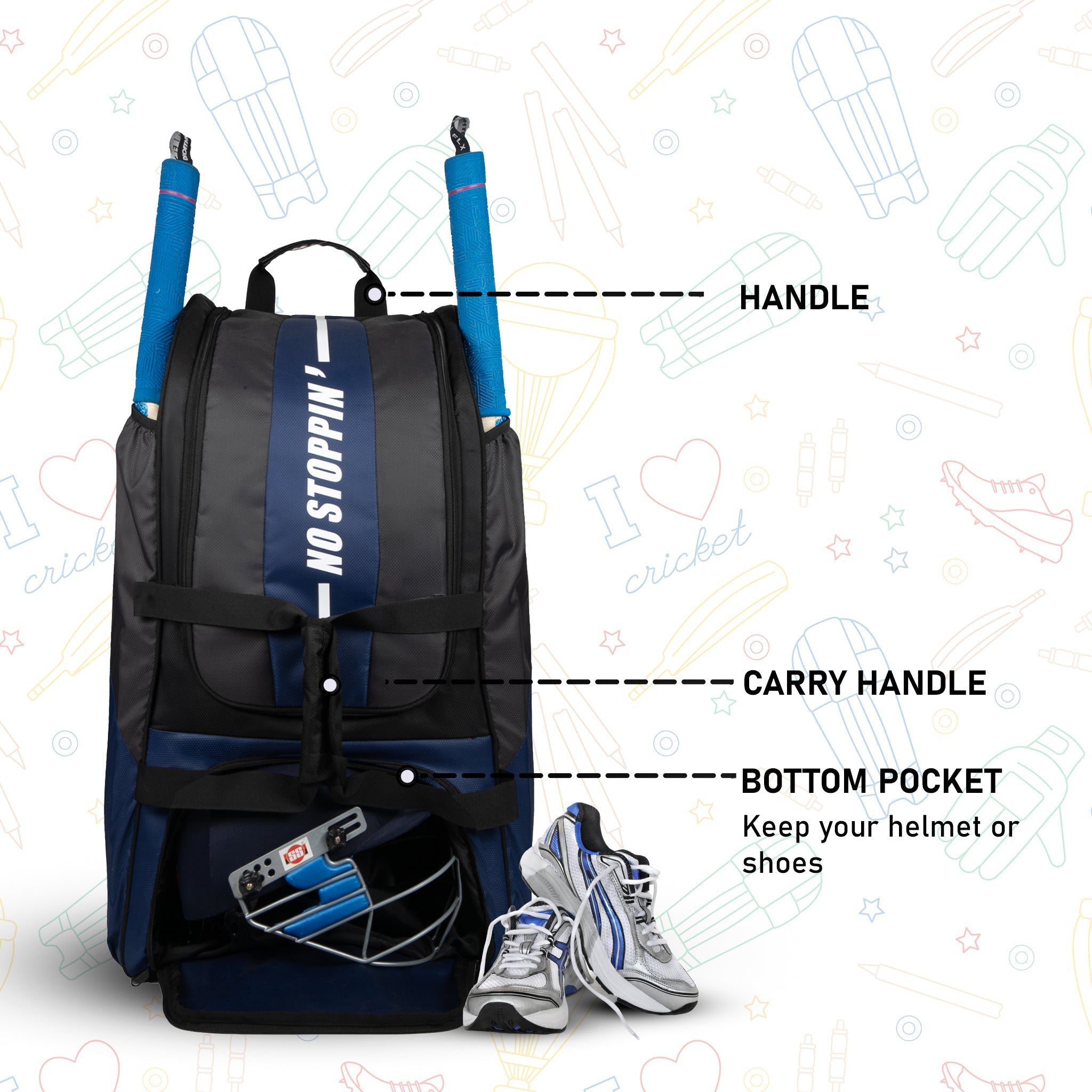 Gayle Blue Black Junior Backpack Duffle Trolley Wheelie Cricket Kit Bag Youth Size 2 Bat Pocket Shoe/Helmet Pkt Main Compartment 15.5" Leg Pad 2 Bottle Holder Player Edition