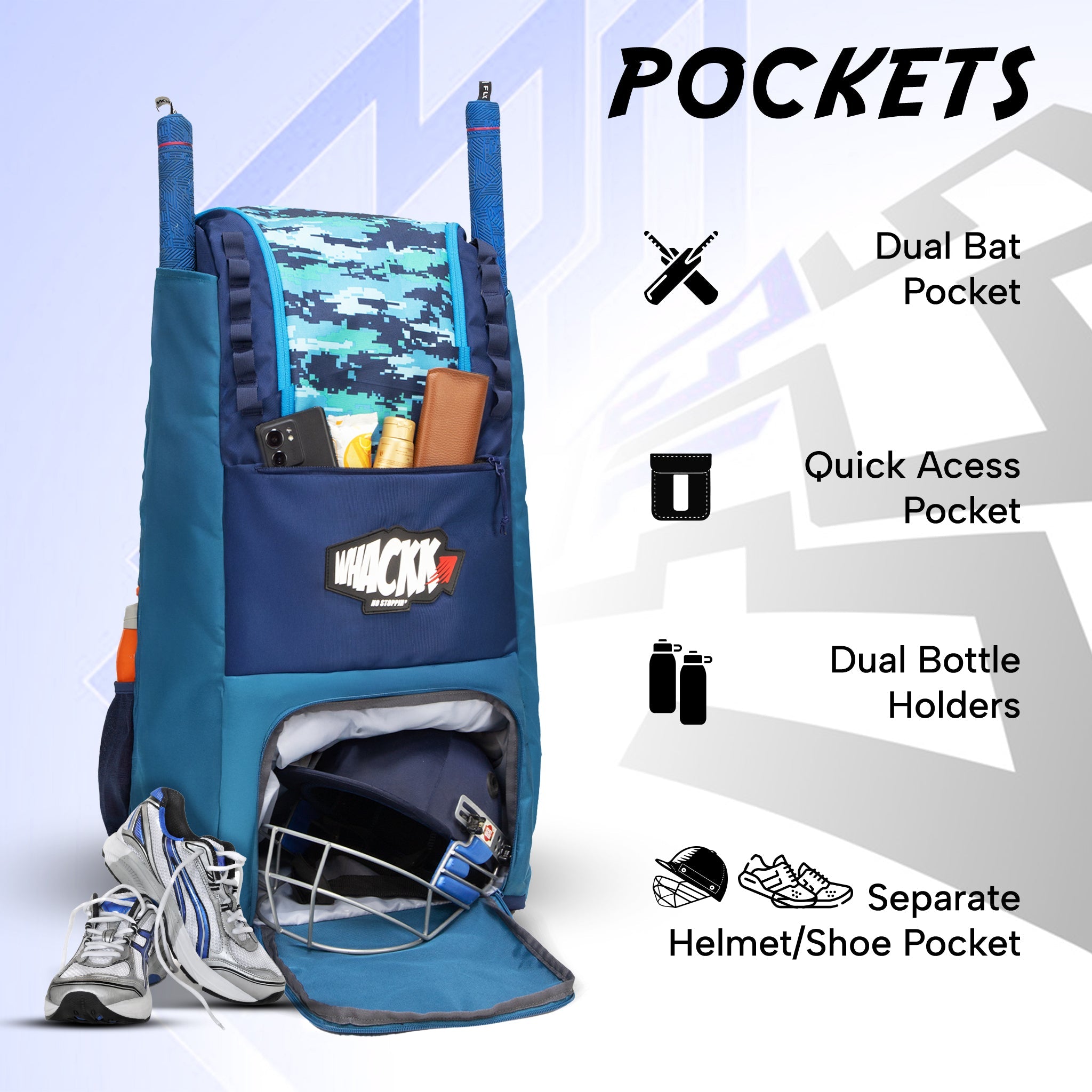Hammond 73L Unisex Cricket Kit Bag|Adult Size|2 Bat|Shoe/Helmet Pocket|Main Compartment 20" Leg Pad|2 Bottle Holder| Easy Access Pocket| Player Edition Senior (Aqua Blue)