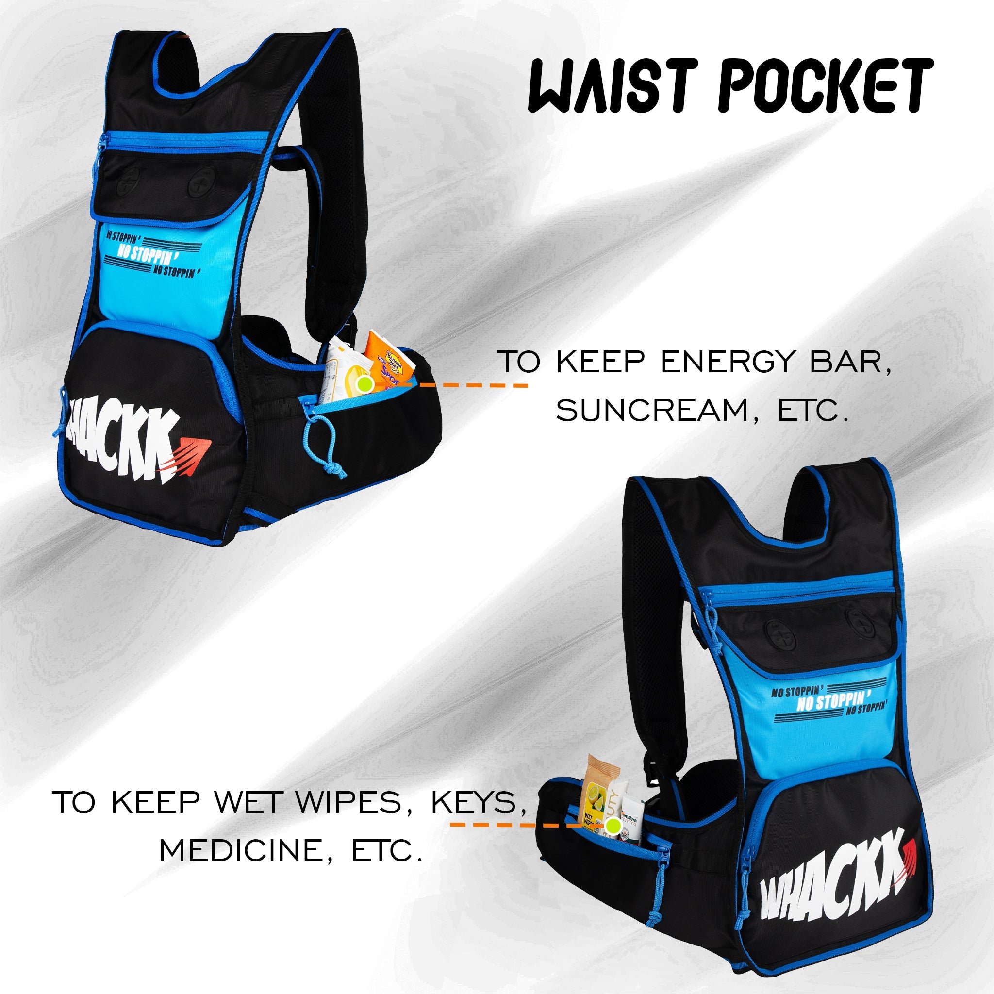 Whizz Black Blue Running Bag |Unisex Camping & Hiking | Hydration Pouch Compartment w. Connecting Water ducts Pockets |Exercise & Fitness|Motorcycle Trekking Outdoor