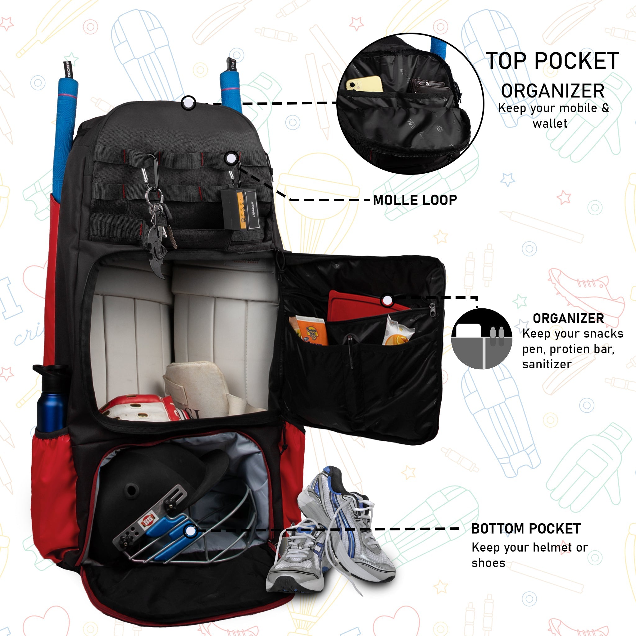 Condor Red Black 89L Unisex Cricket Kit Bag Backpack | Adult Size | 2 Bat | Shoe/Helmet Pocket | Main Compartment 20" Leg Pad |2 Bottle Holder | Easy Access Pocket | Player Edition Senior