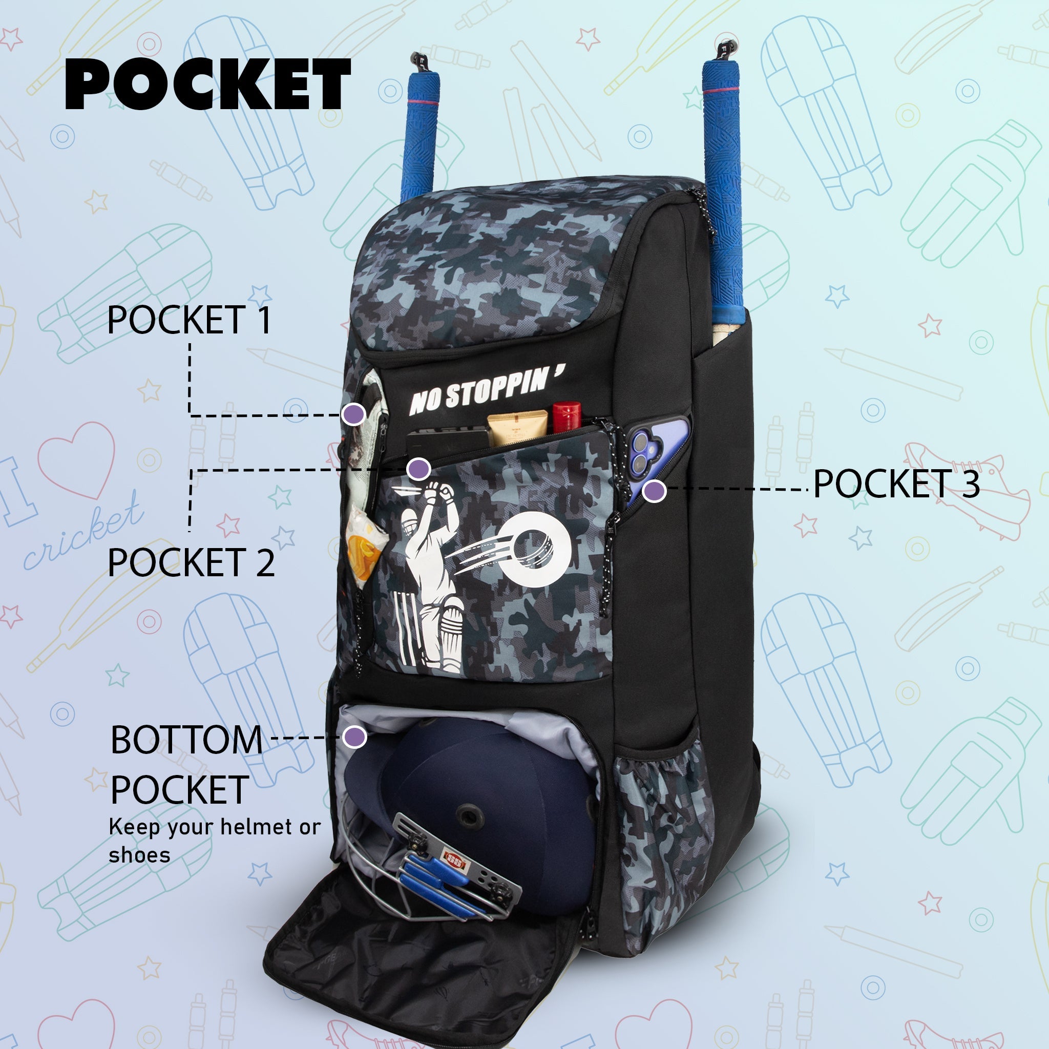 Kallis Grey Black 103L Unisex Cricket Kit Bag Backpack | Adult Size | 2 Bat | Shoe/Helmet Pocket | Main Compartment 18" Leg Pad |2 Bottle Holder | Easy Access Pocket | Player Edition Senior