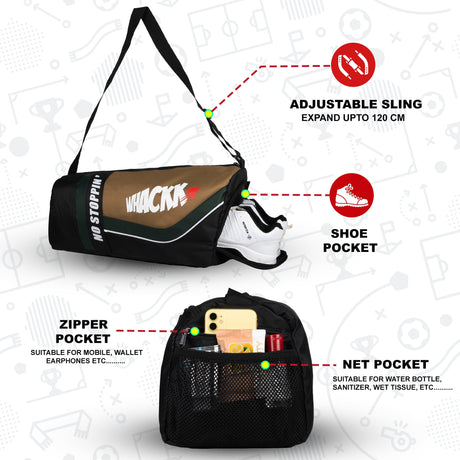 Armstrong Black Khaki 33L Gym Fitness Workout Training Sports Travel Duffle Bag Separate Shoe Pocket Dry Wet Pocket Multipurpose Carry Bag Adjustable Strap Lightweight Sports Kit Men Women