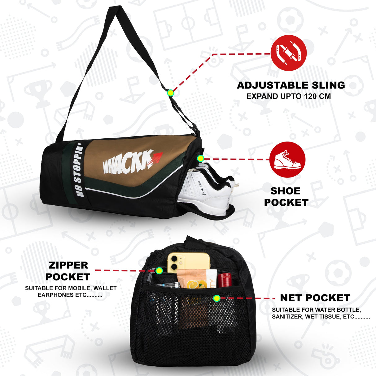 Armstrong Black Khaki 33L Gym Fitness Workout Training Sports Travel Duffle Bag Separate Shoe Pocket Dry Wet Pocket Multipurpose Carry Bag Adjustable Strap Lightweight Sports Kit Men Women