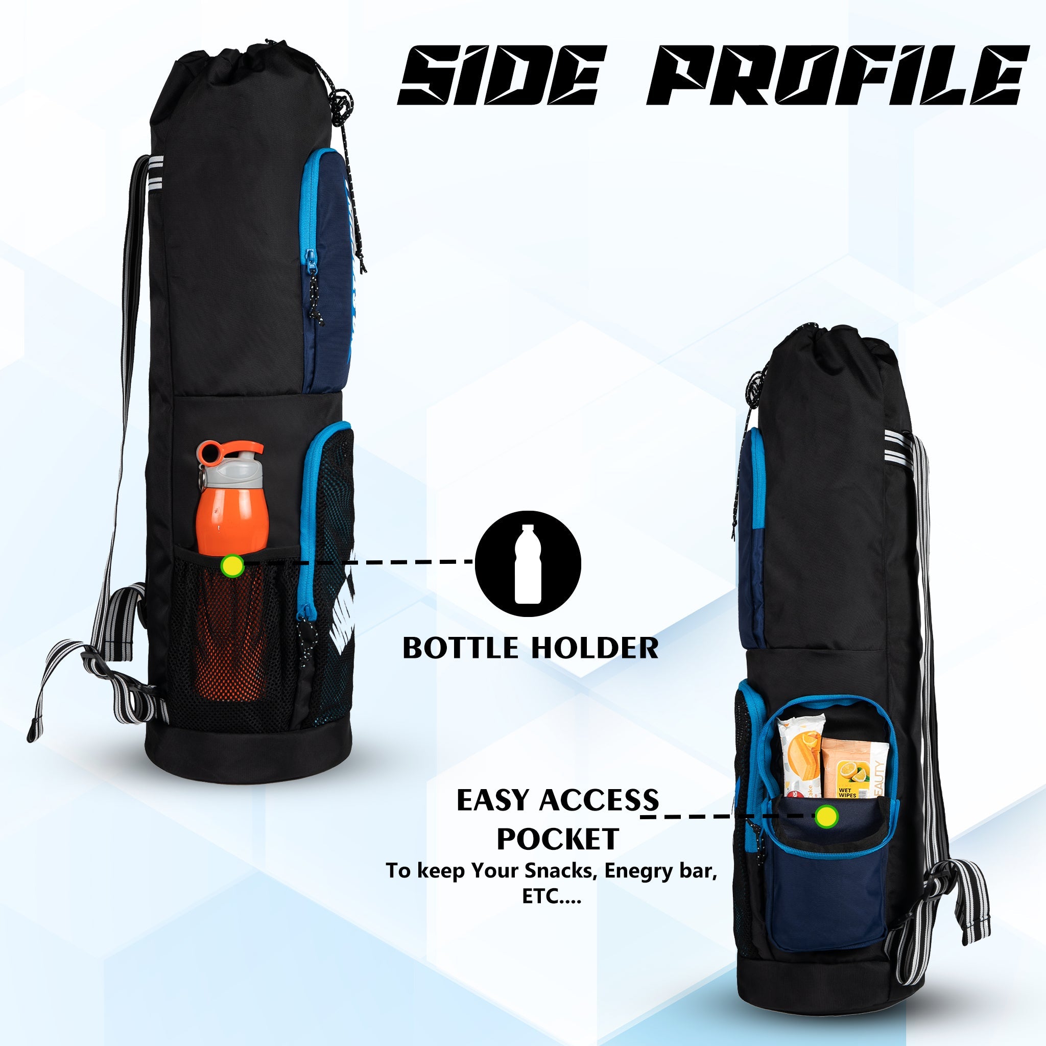 Mudra Black NVY 7L Meditation Yoga Aerobics Exercise Gym Mat Carrier Bag Mat Cover Bag 2 Easy Access Pockets Net Pocket 1 Bottle Holder Adjustable Shoulder Strap Drawstring Opening for Men Women