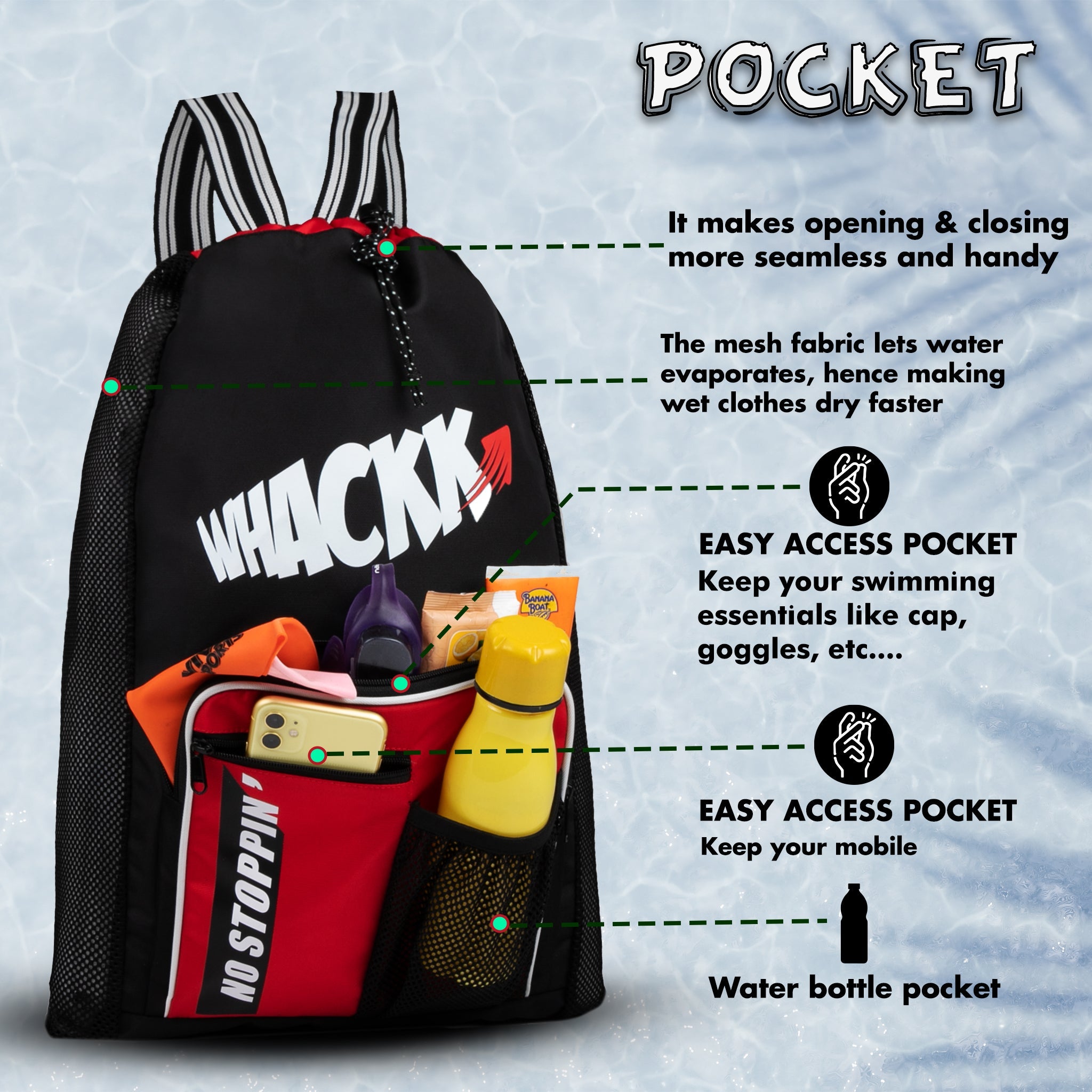 Freestyle Red Black 20L Unisex Swimming Equipment Bag | Water Sports | Wet Dry Compartments Bag | Beach | Drawstring Backpack|Pocket Cap & Goggles Mobile|Lightweight|Water Resistant | Men Women