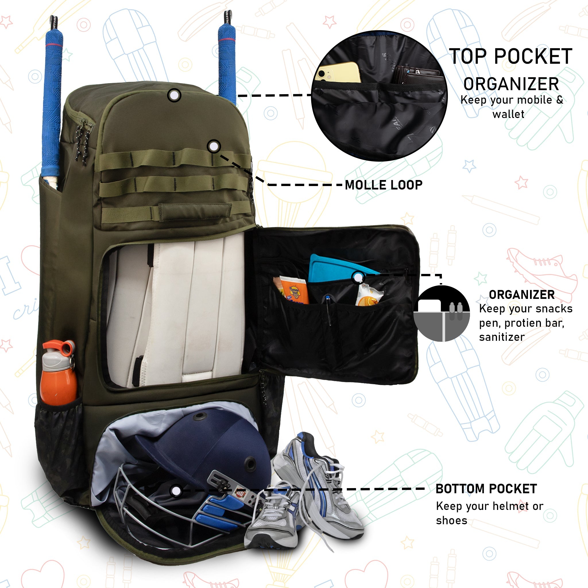 Condor Green 89L Unisex Cricket Kit Bag Backpack | Adult Size | 2 Bat | Shoe/Helmet Pocket | Main Compartment 20" Leg Pad |2 Bottle Holder | Easy Access Pocket | Player Edition Senior