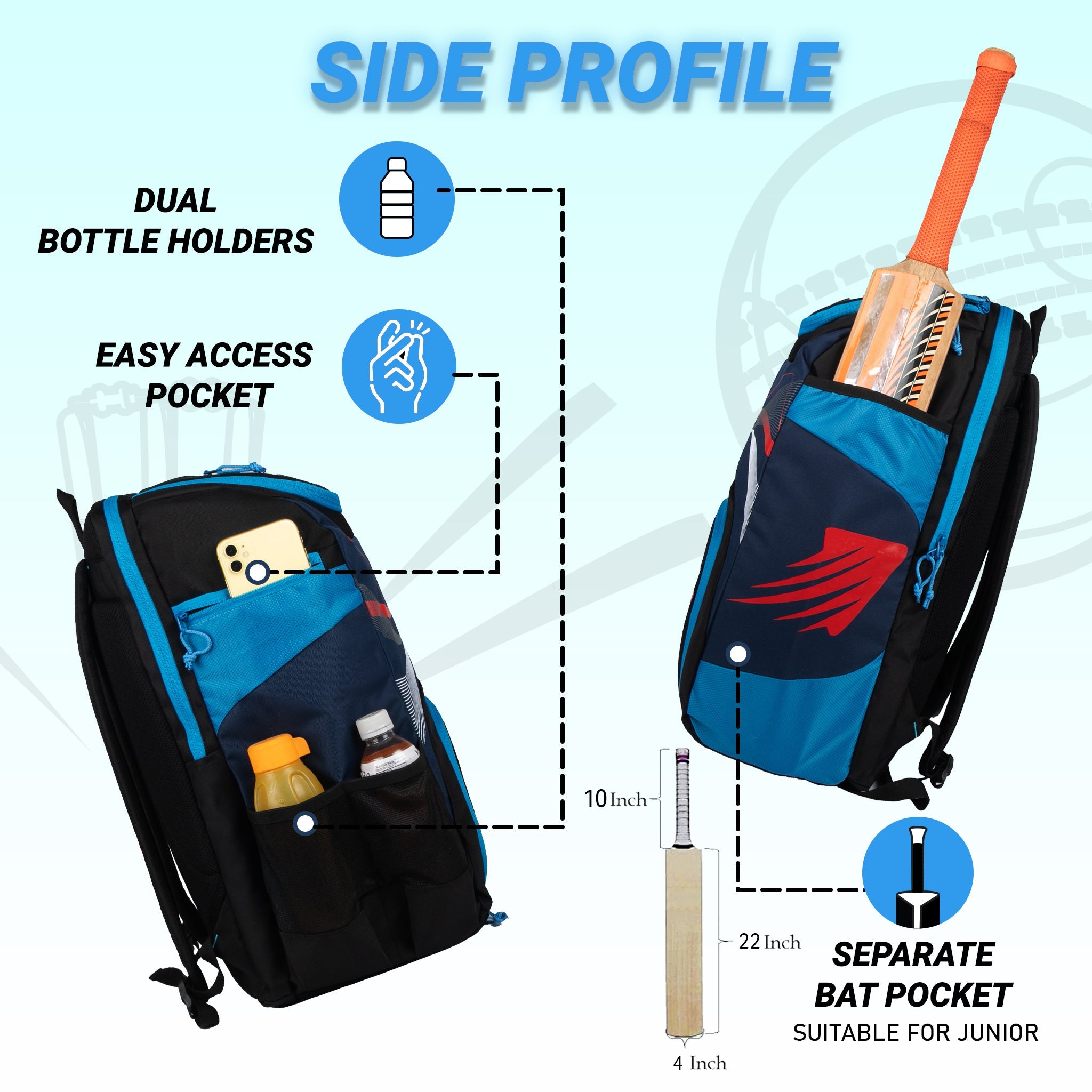 Bradman Navy Blue Junior Cricket Kitbag |Player Edition 2 Bat Pocket Shoe Pocket |Big Main Comp Fit 13.75 inch Leg Pad |Bottle Holders |Easy Access Pocket