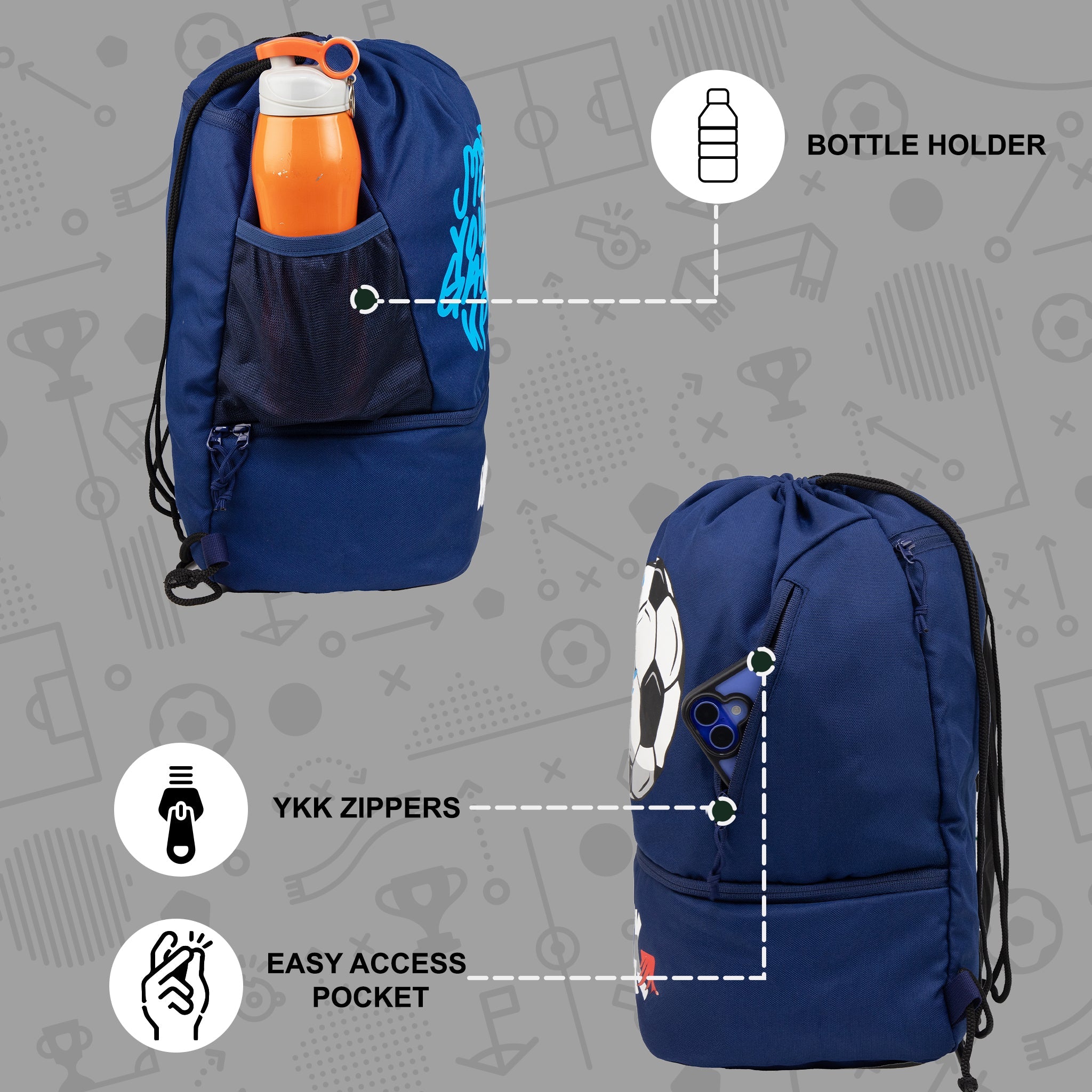 Blitz Blue Soccer| Football Equipment Bags| Basketball Volleyball Throwball Drawstring Backpack Bags| Shoes Mobile Bottle Holder Pocket| Sports Men Boys Bag| Dori Backpack |Gym Bag| Kitbag Kit Bag