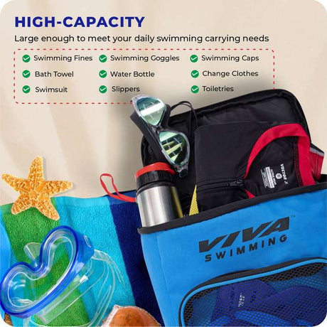 Viva Swimming Marine Kit Bag for Men/Women/Kids Accessories Goggle Cap Kickboard Water Proof with Compartments Big Mesh Water Proof Backpack for Swimming, Gym, Workout Gear & Travel Backpack