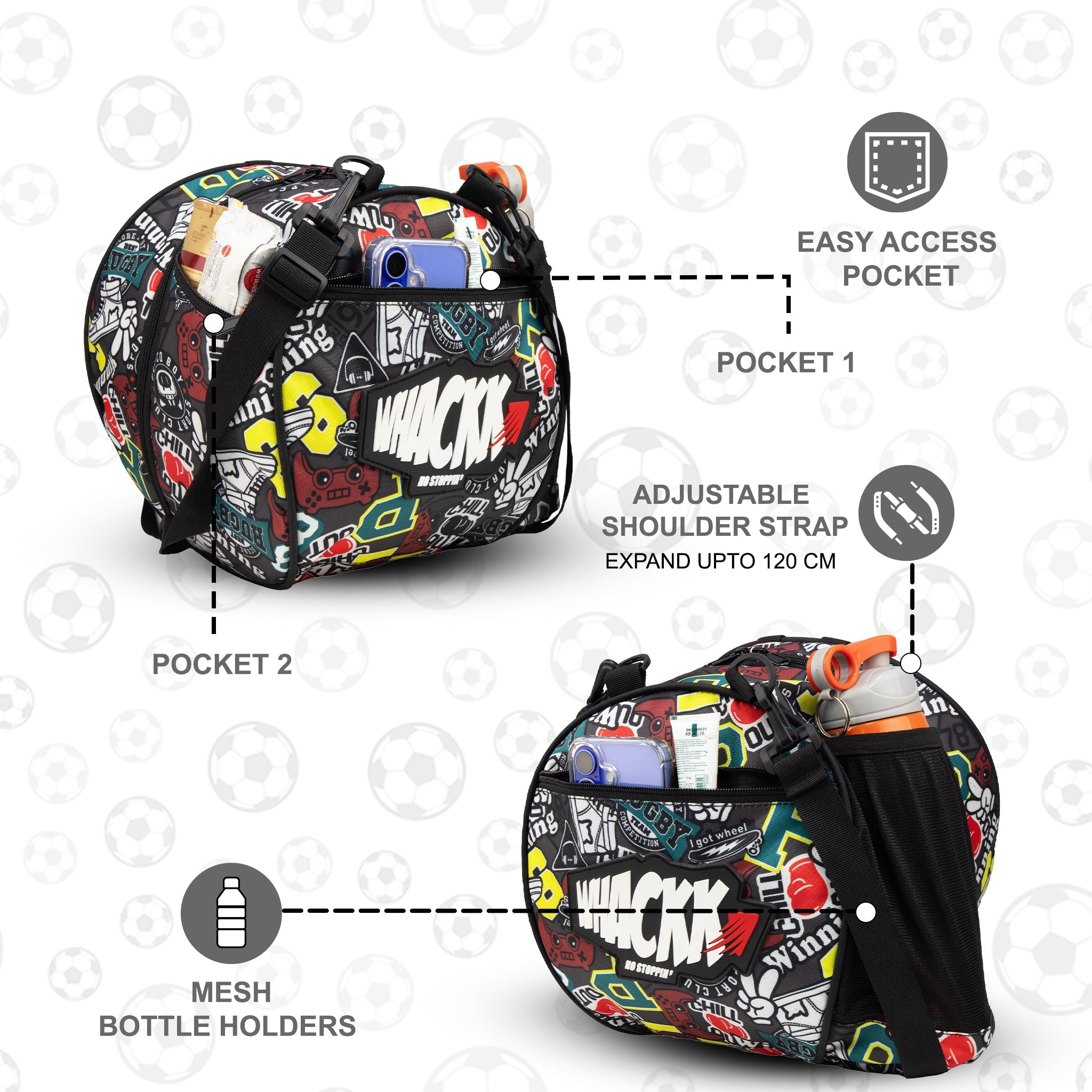 Attack Rugby Soccer 12L Football Equipment Bags| Basketball Volleyball Bags |Adjustable Strap Backpack |Easy Access Pocket Mesh Bottle Holders | Ball Bag |Kitbag |Bag