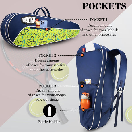 Team Navy Green Printed 45L Tennis Badminton Squash Equipment Cover Kit Bag 3 Big Compartments 4T 6B Racket | Backpack & Duffel