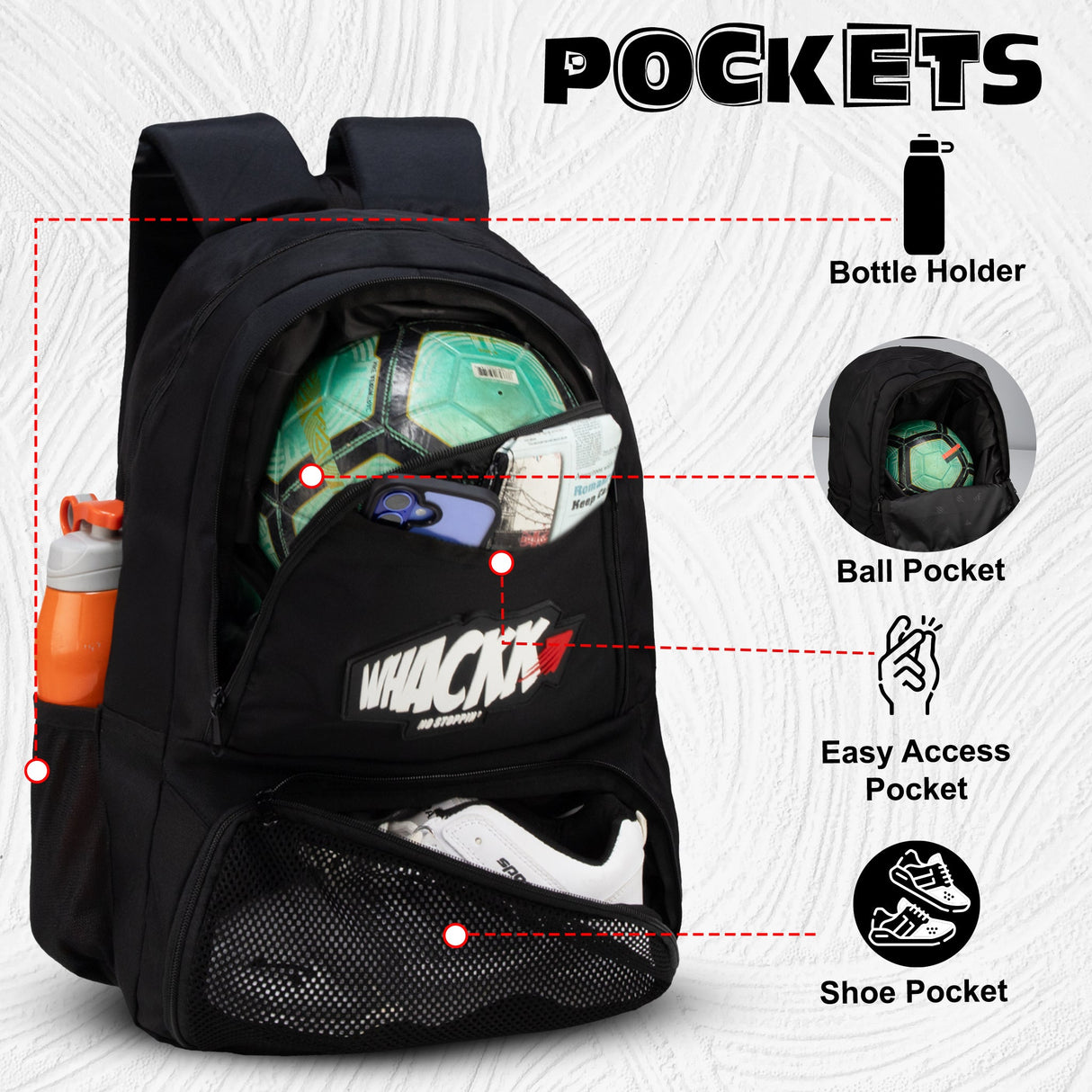 Strike Black 32L Football Basketball Volleyball Kitbag Shoe Ball Separate Pockets Equipment Bag Backpack| Soccer Bag| Boys Kids Adult Men| Mesh Shoe Ball Pocket| Bottle Holder| Easy Access Pocket Visit the WHACKK Store