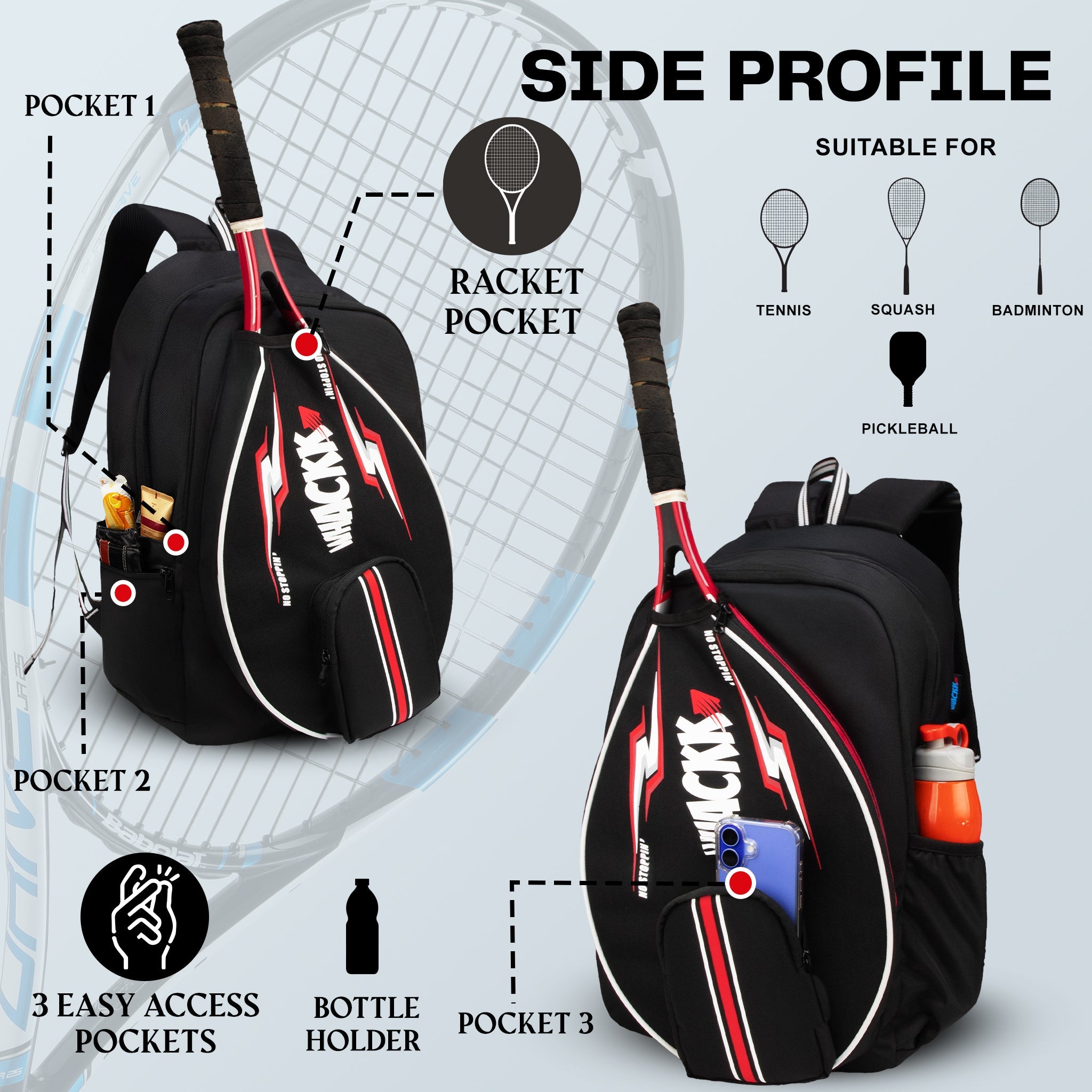 DropShot Black 35L Tennis Badminton Pickelball Squash Equipment Bag  | Unisex Lightweight Backpack