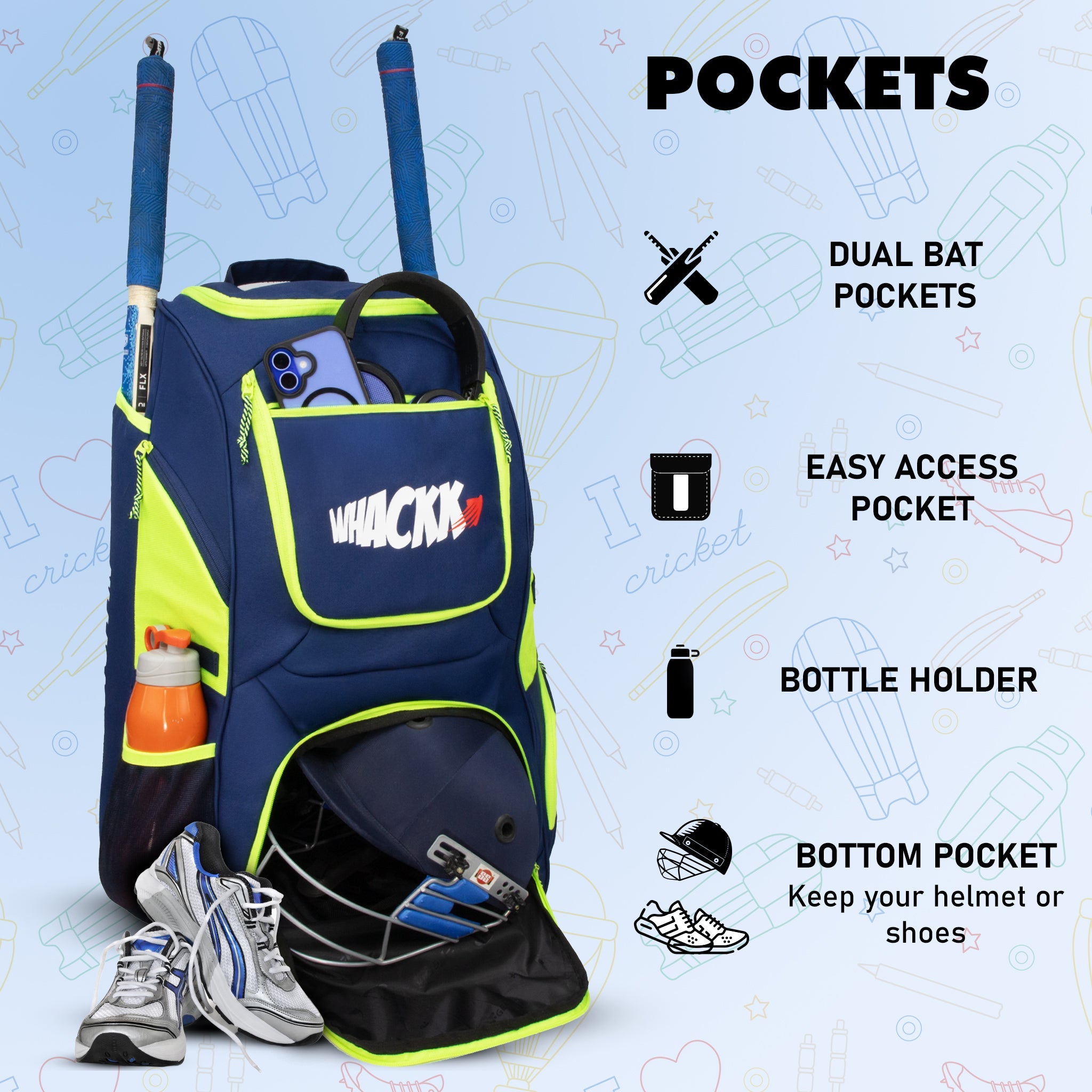 Crowe 60L Unisex Navy Cricket Kit Bag Backpack | Youth Size | 2 Bat | Shoe/Helmet Pocket | Main Compartment 14.75" Leg Pad | Bottle Holder | Easy Access Pocket | Player Edition Youth