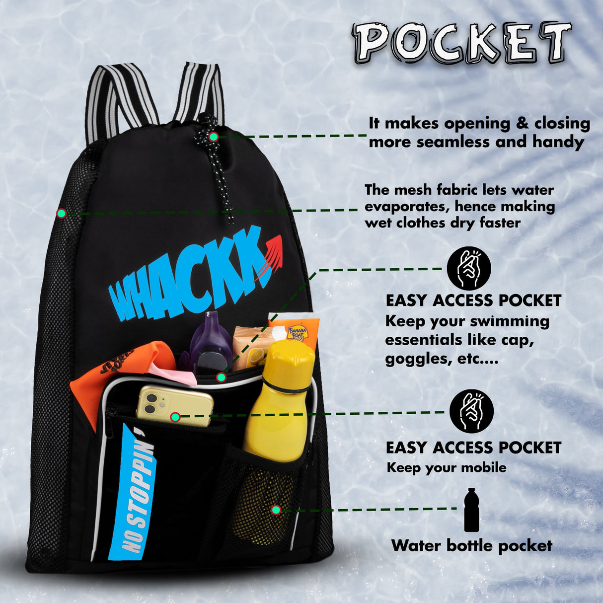Freestyle Black 20L Unisex Swimming Equipment Bag | Water Sports | Wet Dry Compartments Bag | Beach | Drawstring Backpack|Pocket Cap & Goggles Mobile|Lightweight|Water Resistant | Men Women