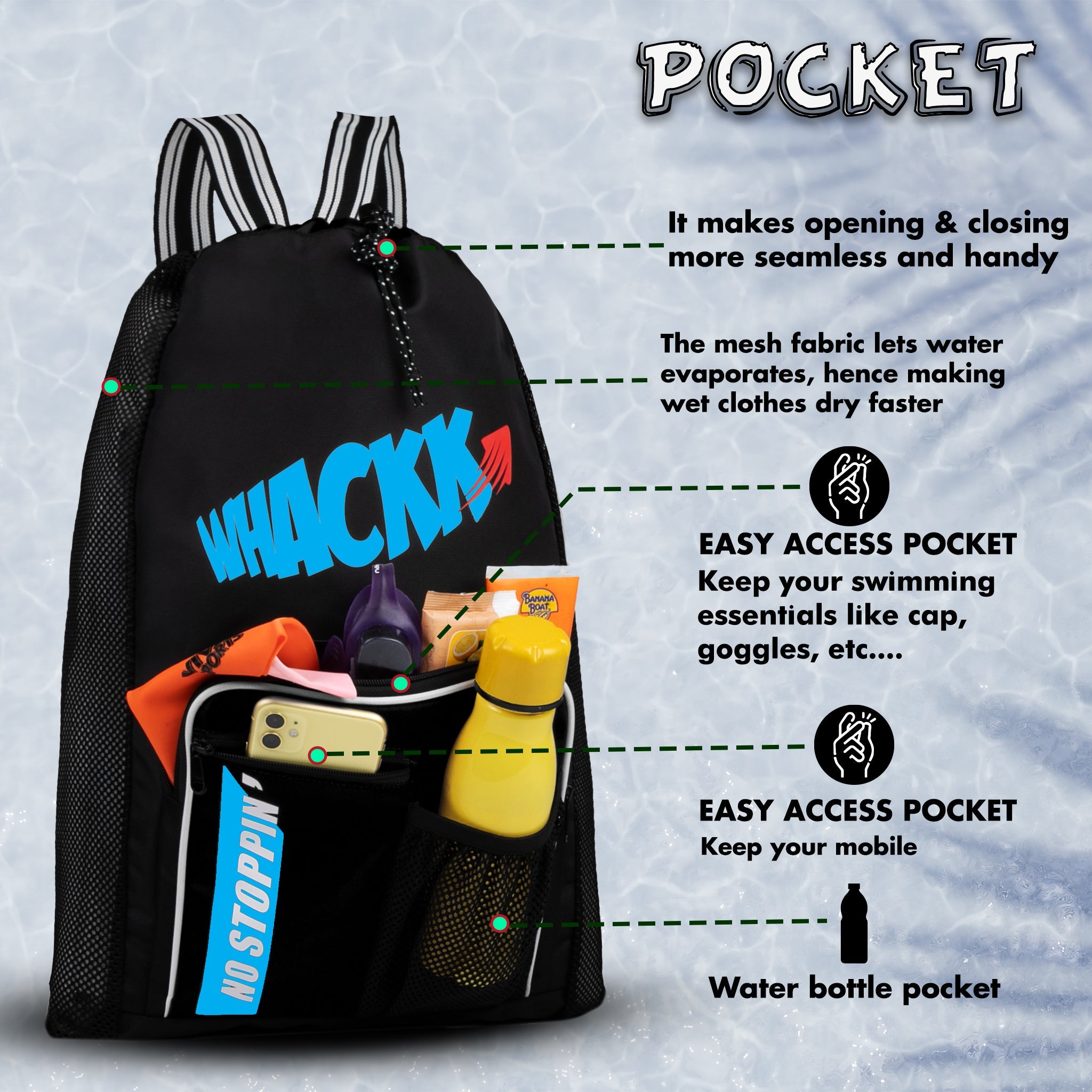 Freestyle Black 20L Unisex Swimming Equipment Bag | Water Sports | Wet Dry Compartments Bag | Beach | Drawstring Backpack|Pocket Cap & Goggles Mobile|Lightweight|Water Resistant | Men Women