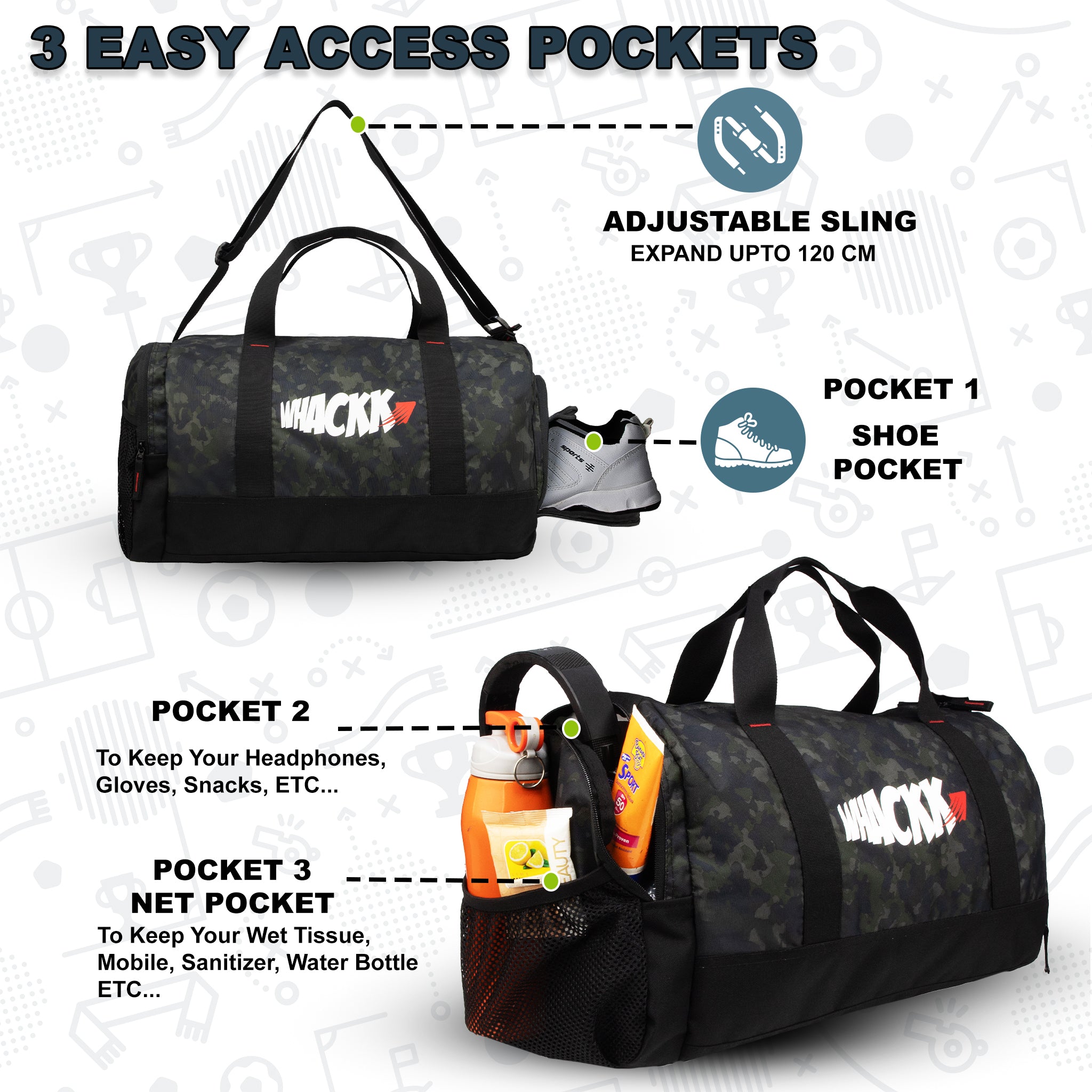 Cardio Wild Moss 31L Gym Fitness Workout Training Sports Travel Duffle Bag Separate Shoe Pocket Dry Wet Pocket Multipurpose Carry Bag Adjustable Strap Lightweight Sports Kit Men Women