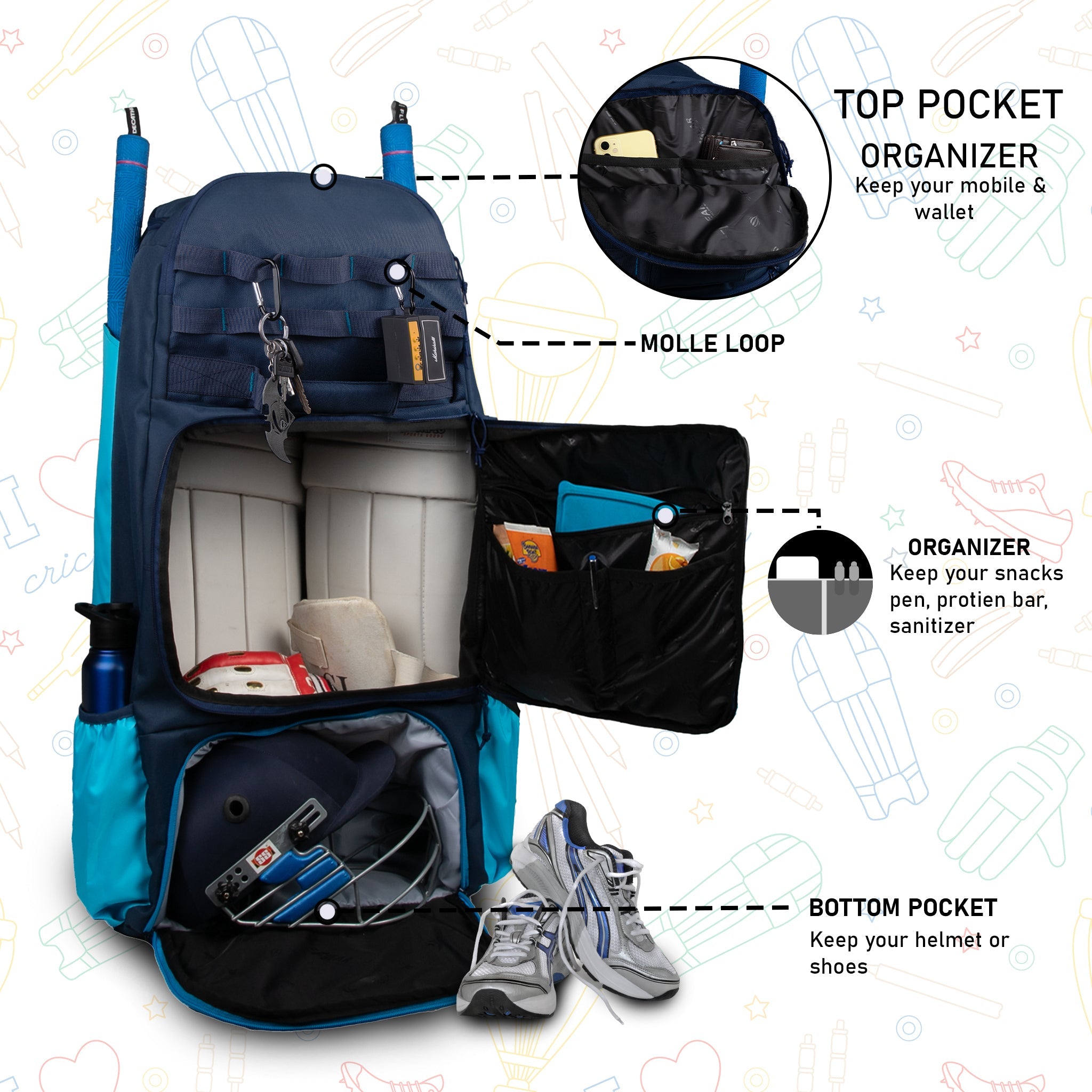 Condor Navy Blue 89L Unisex Cricket Kit Bag Backpack| Adult Size| 2 Bat | Shoe/Helmet Pocket| Main Compartment 20" Leg Pad |2 Bottle Holder| Easy Access Pocket | Player Edition Senior,Polyester