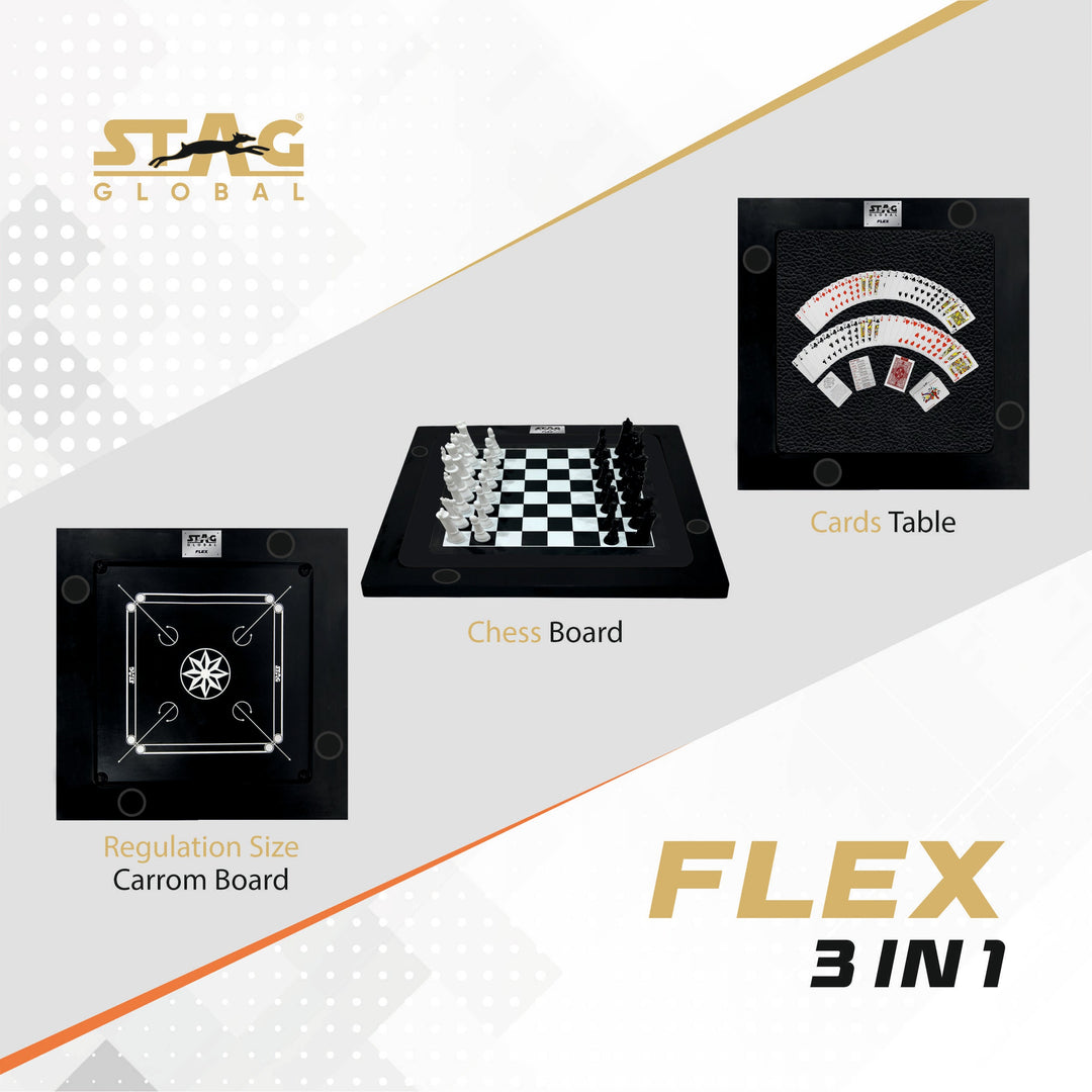 STAG GLOBAL FLEX 3-in-1 Multi-Game Table – Chess, Cards & Carrom – Foldable & Sturdy Design for Home, Clubs & Offices