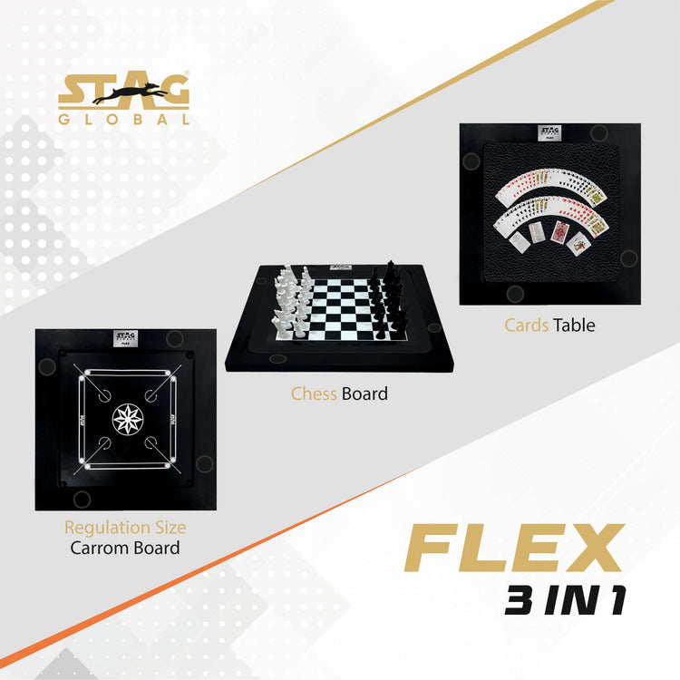 STAG GLOBAL FLEX 3-in-1 Multi-Game Table – Chess, Cards & Carrom – Foldable & Sturdy Design for Home, Clubs & Offices