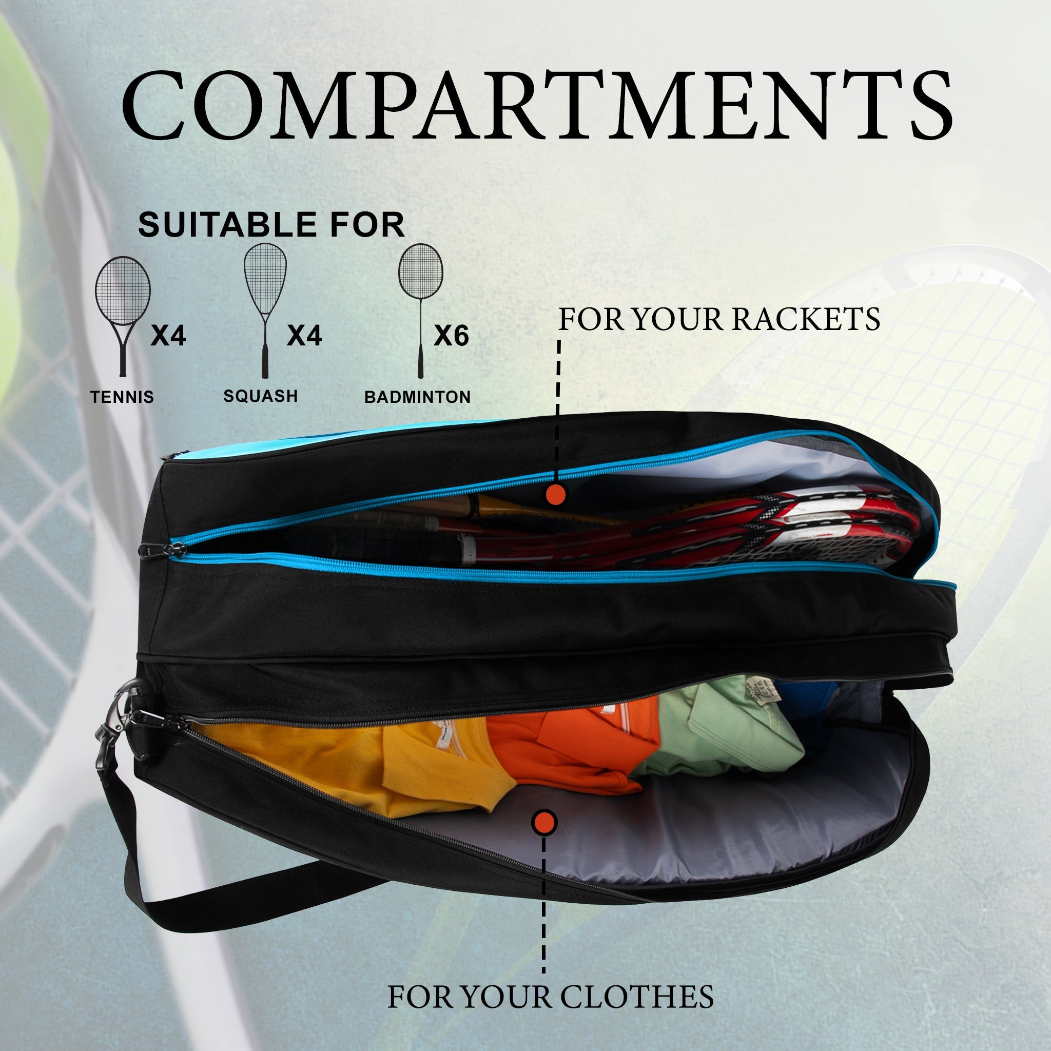 Birdie 45L Black Blue| Unisex Lightweight Tennis Badminton Squash Equipment Cover Kit Bag Shoe Pocket | Air Ventilated Pocket for Wet Clothes | 4T 6B Racket | Backpack & Duffel